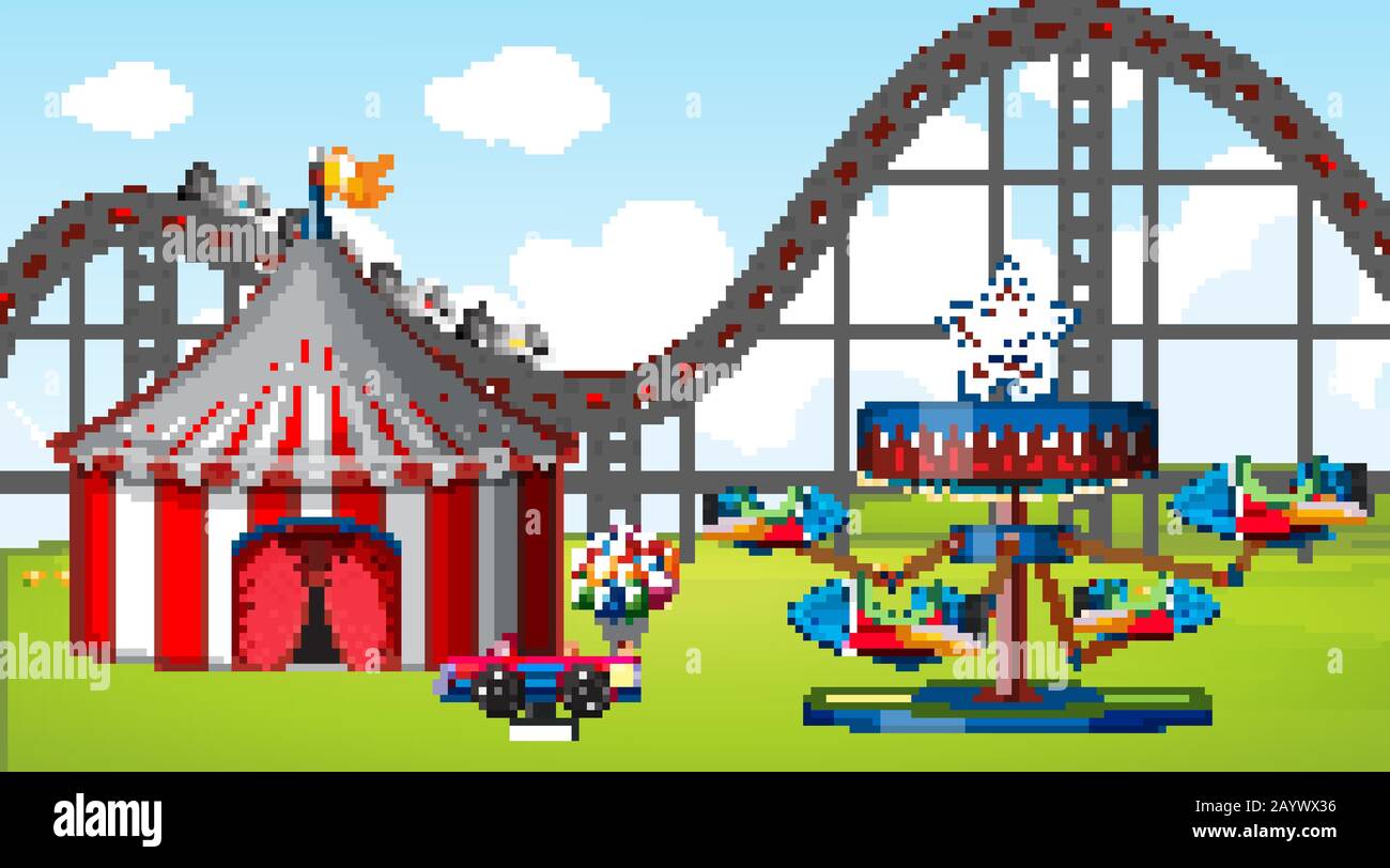 Scene with many rides and circus tent in the fiel illustration Stock ...