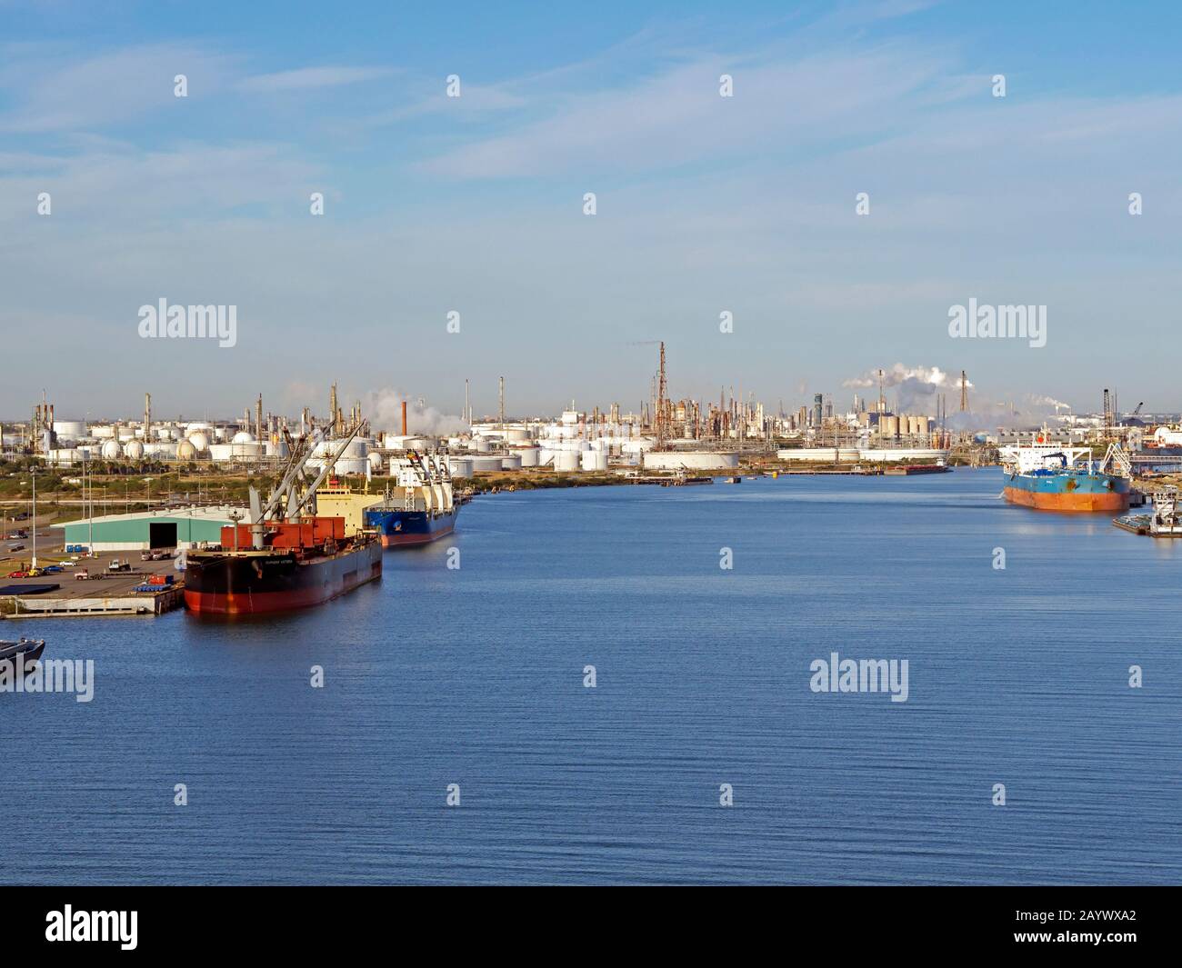 An elevated view of The Port Of Corpus Christi, Texas USA taken from the old Harbor Bridge. Stock Photo