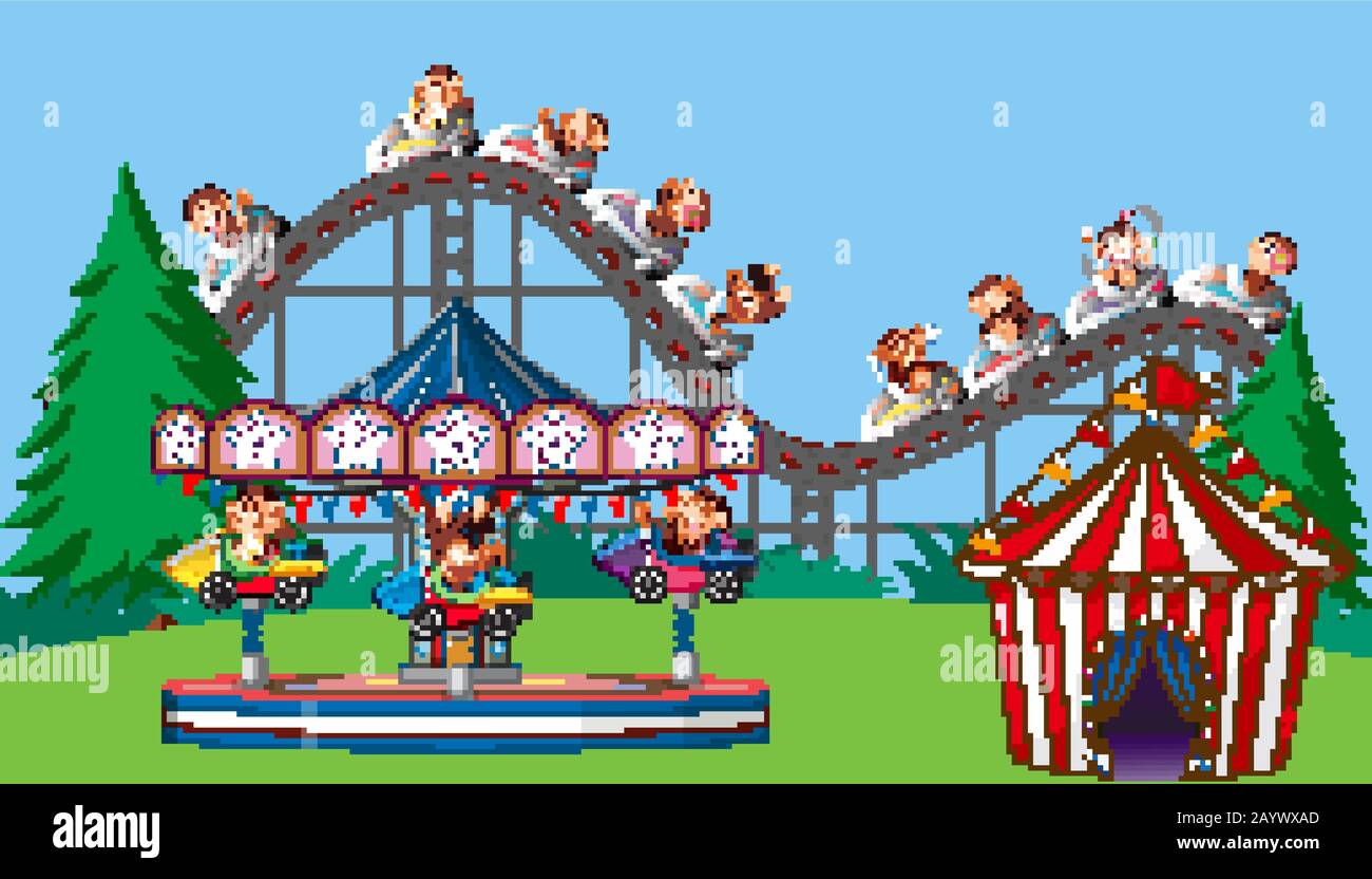 Scene with monkeys on circus rides in the park illustration Stock ...