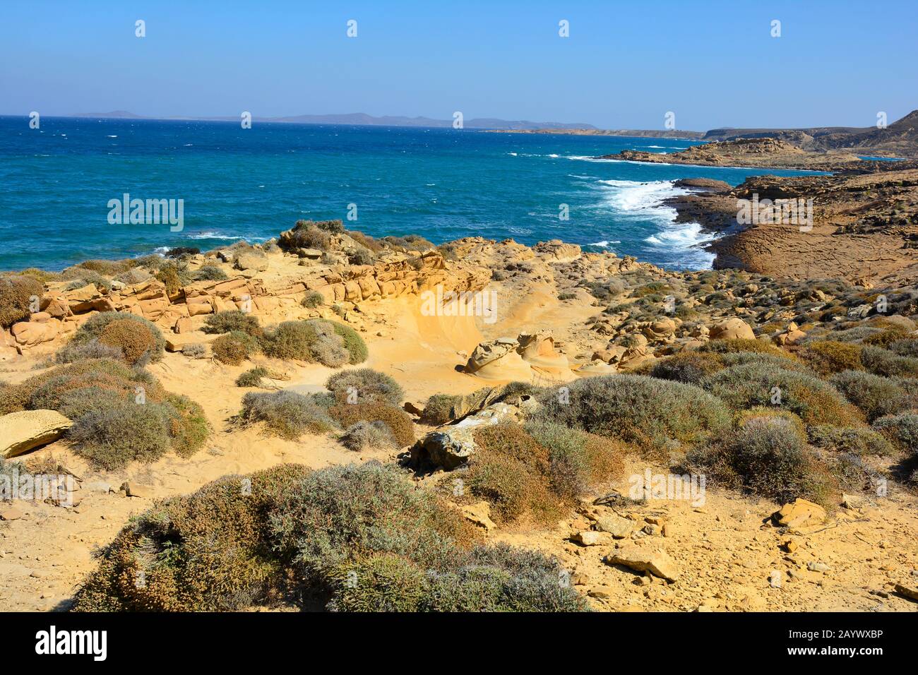 Greece, volcanic rocks and vegetation in Lemnos Island Stock Photo