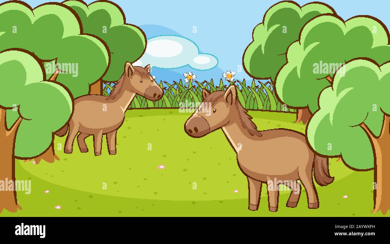 Scene with two horses in the forest illustration Stock Vector Image ...