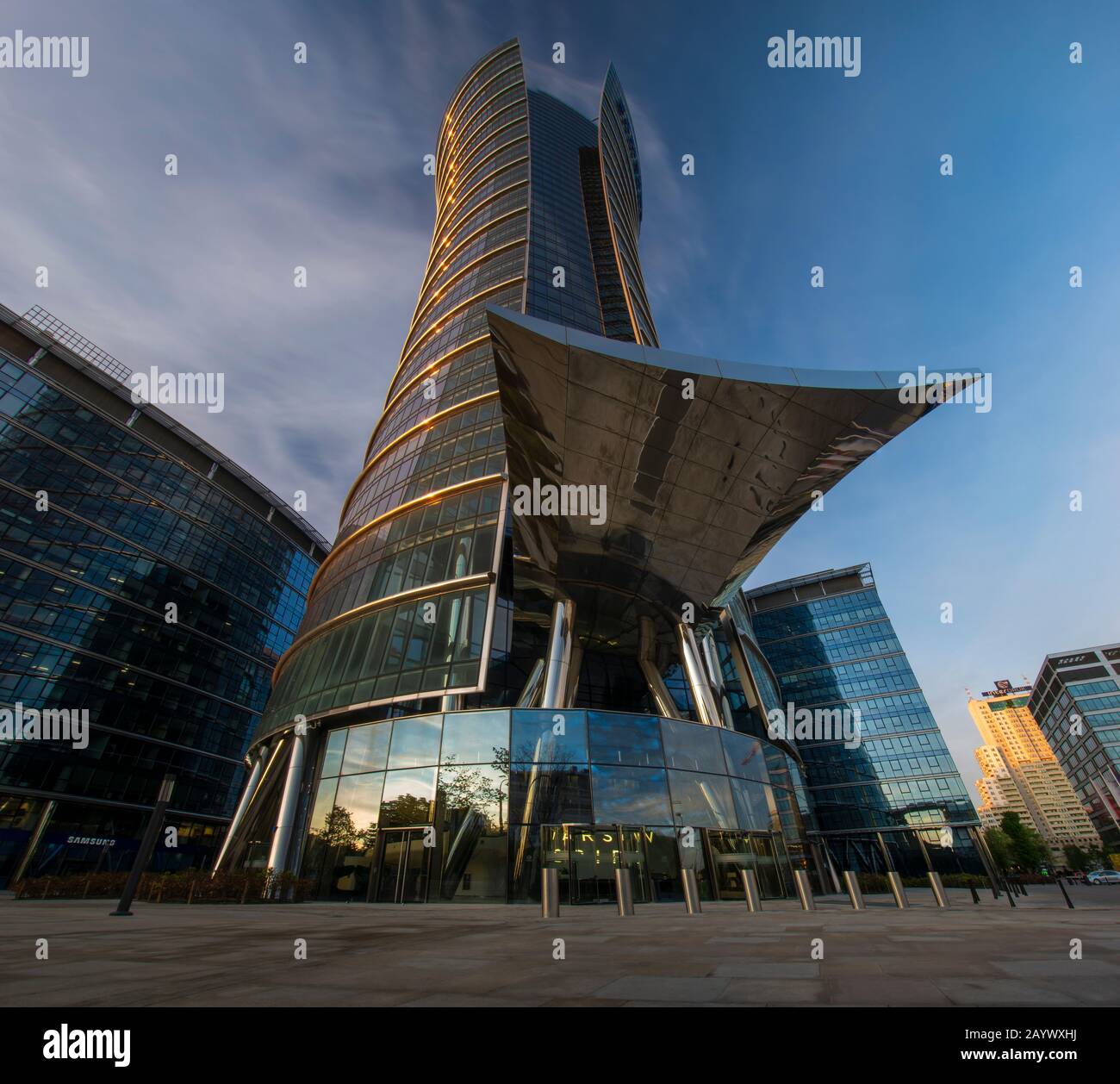 Warsaw Spire office complex at night Stock Photo