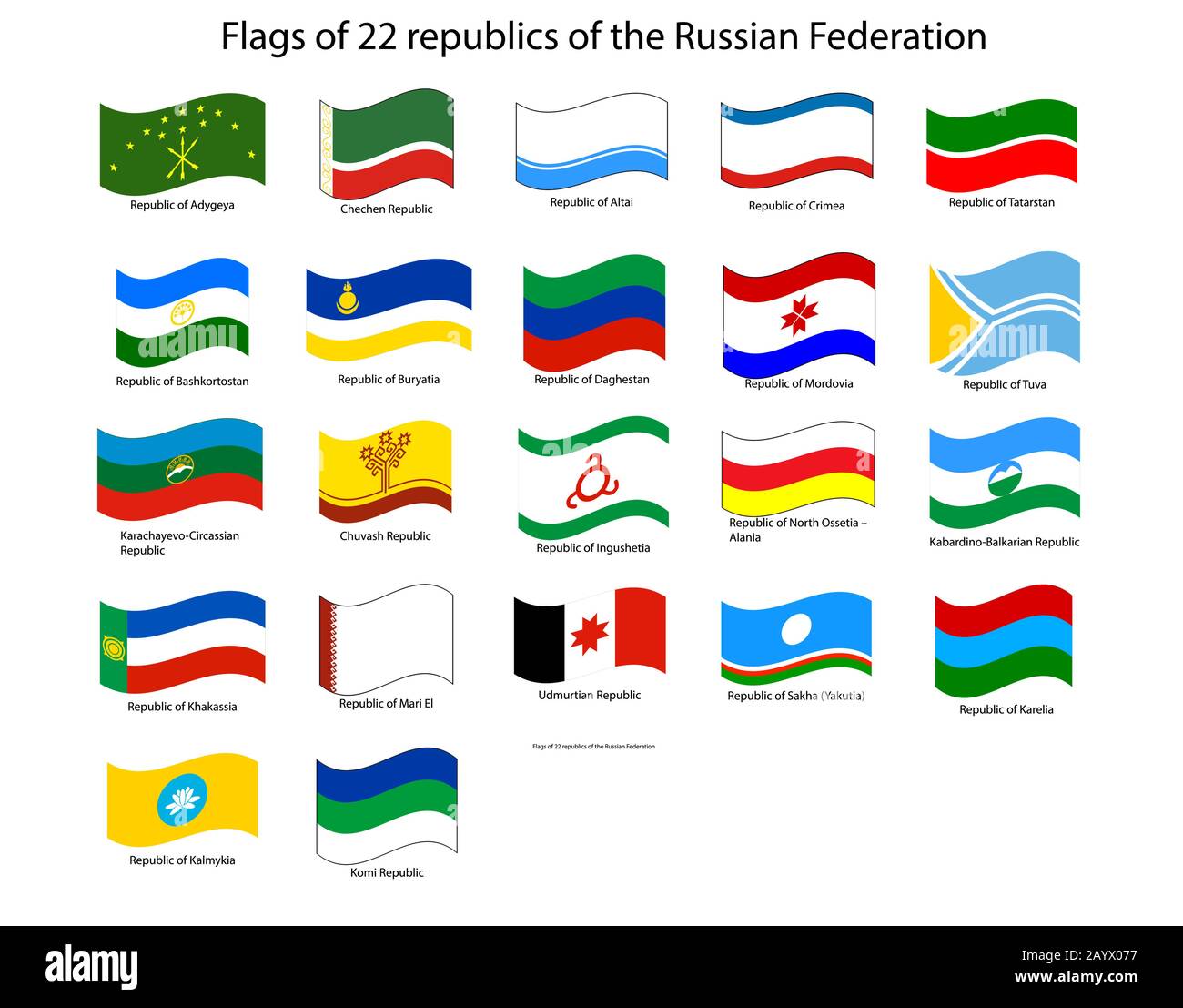 Set of flags of the Republic of Russia. Tatarstan, Altai, Yakutia, Udmurtia, Kalmykia, Komi, Mari-El, Dagestan, Mordovia, Tuva, Chuvashia, Buryatia Stock Vector
