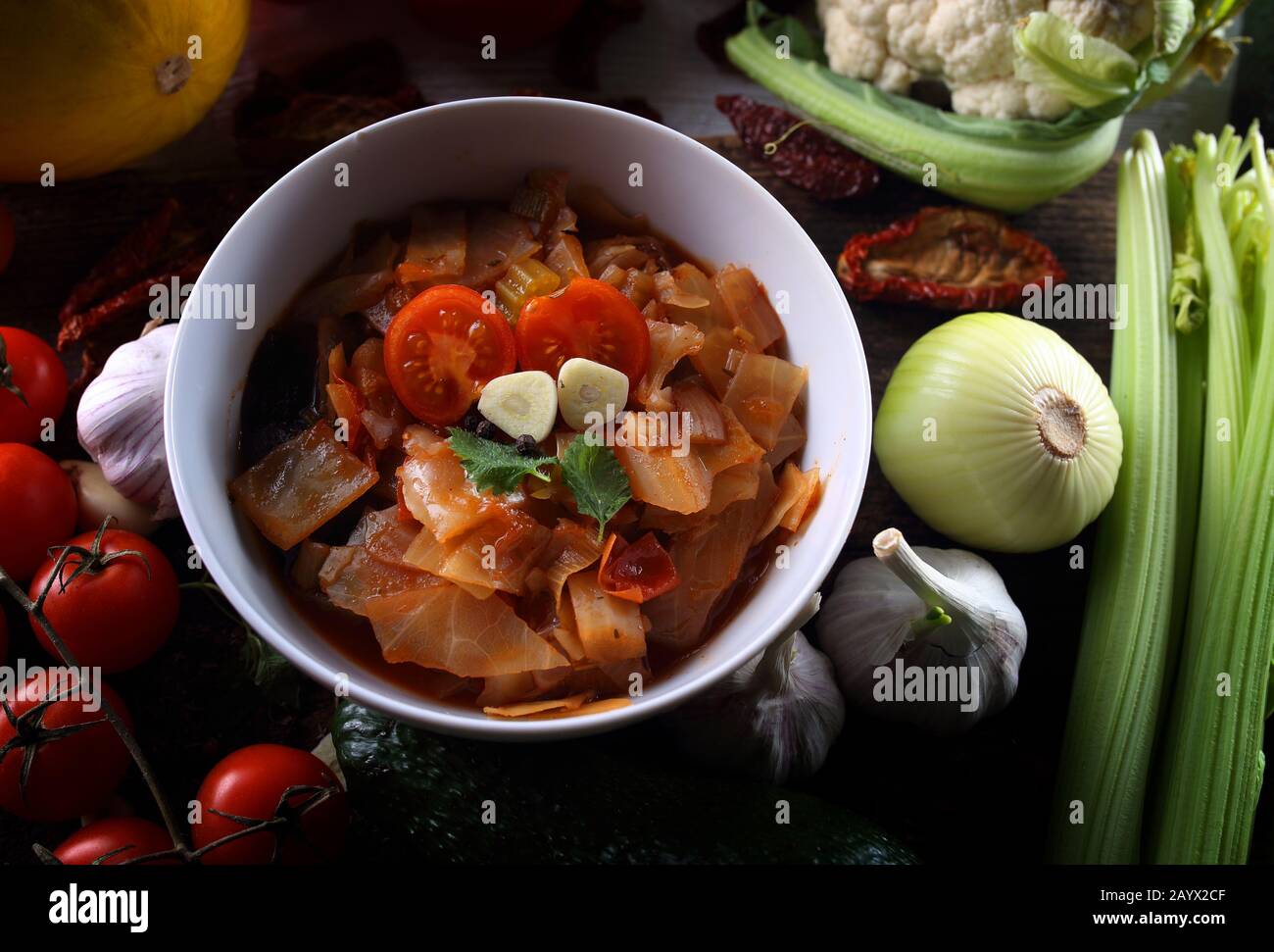 Vegetable soup with many green vegetables Stock Photo