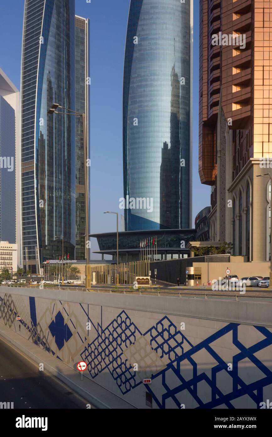 ABU DHABI, UAE - DECEMBER 28 2017: view from the street of Etihad Towers in Abu Dhabi Stock Photo