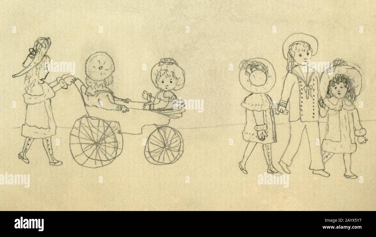 Walk in style, drawn in 1885 by a Victorian child living in England.  A girl pushes two youngsters in a pram.  A sailor-suited boy holds two younger girls by the hand. Stock Photo
