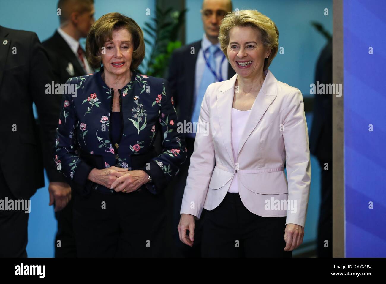Brussels, Belgium. 17th Feb, 2020. European Commission President Ursula Von der Leyen (R) welcomes U.S. House Speaker Nancy Pelosi as the latter pays a visit to the EU headquarters in Brussels, Belgium, Feb. 17, 2020. Credit: Zhang Cheng/Xinhua/Alamy Live News Stock Photo