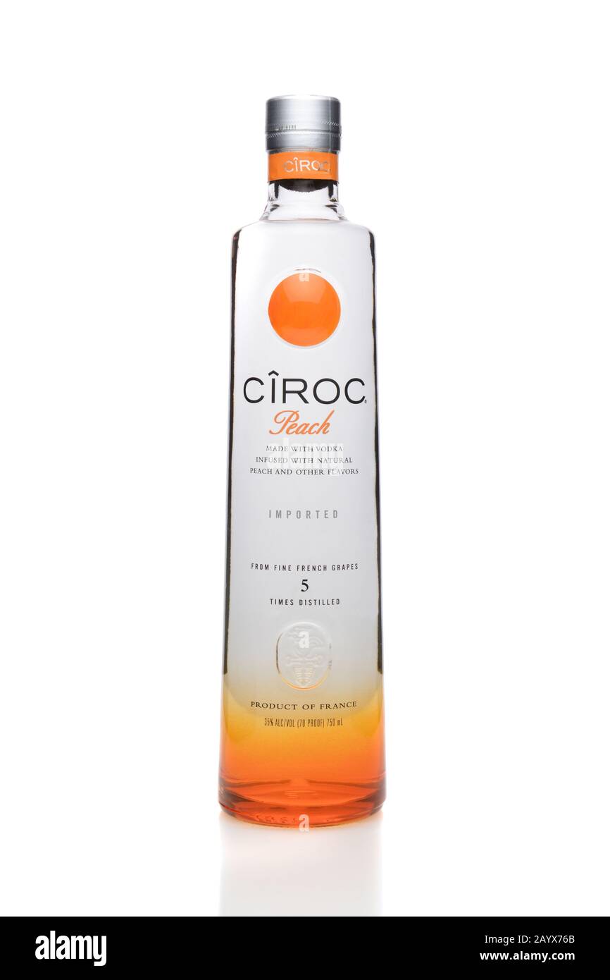 IRVINE, CA - SEPTEMBER 08, 2014: A bottle of Ciroc Peach Vodka. An ultra-premium vodka distilled from grapes grown in the Cognac region of France infu Stock Photo