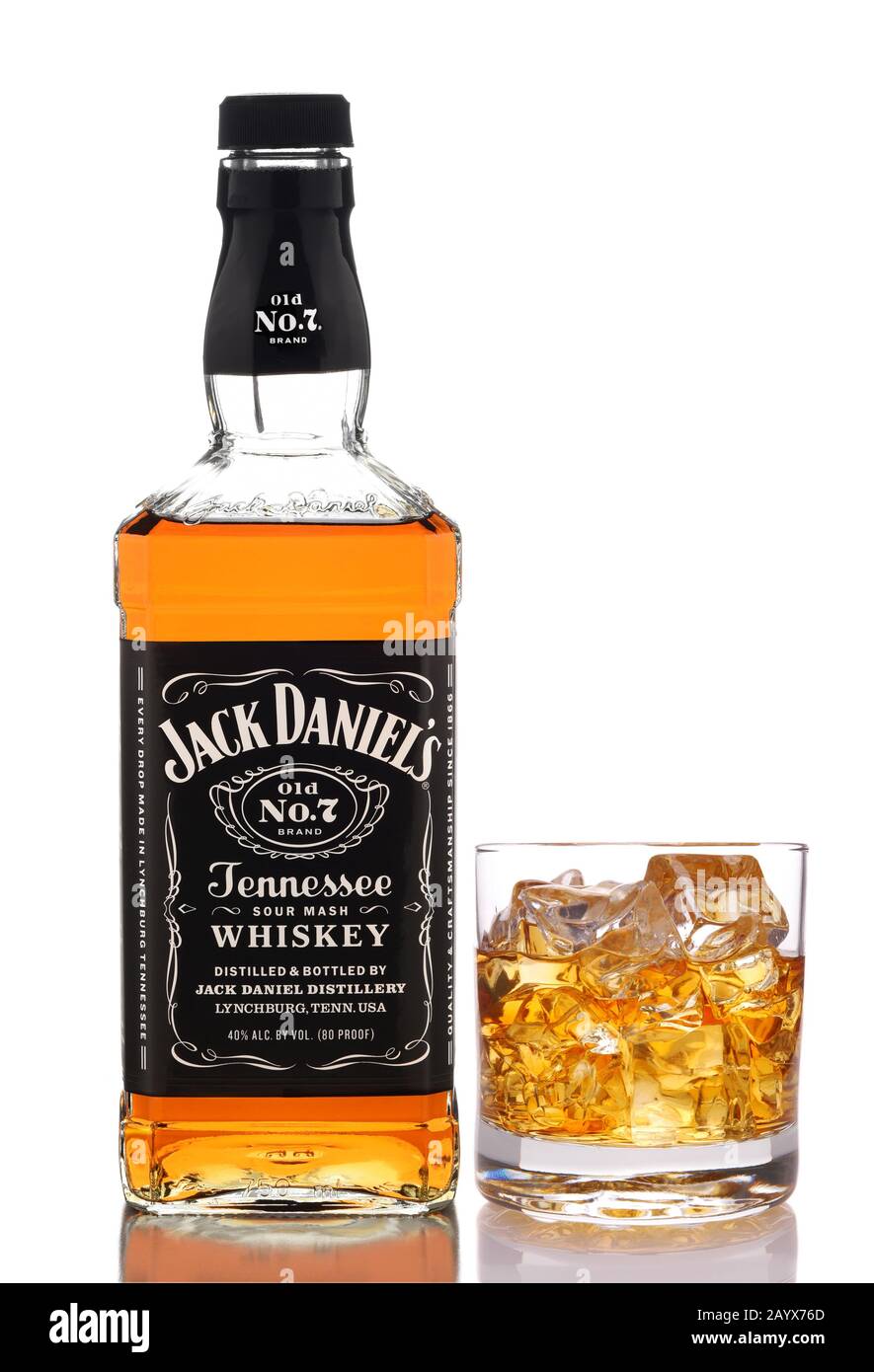 IRVINE, CALIFORNIA - DEC 28, 2018: A bottle of Jack Daniels Tennessee Whiskey, with glass, from Lynchburg, Tennessee, is the top selling American Whis Stock Photo