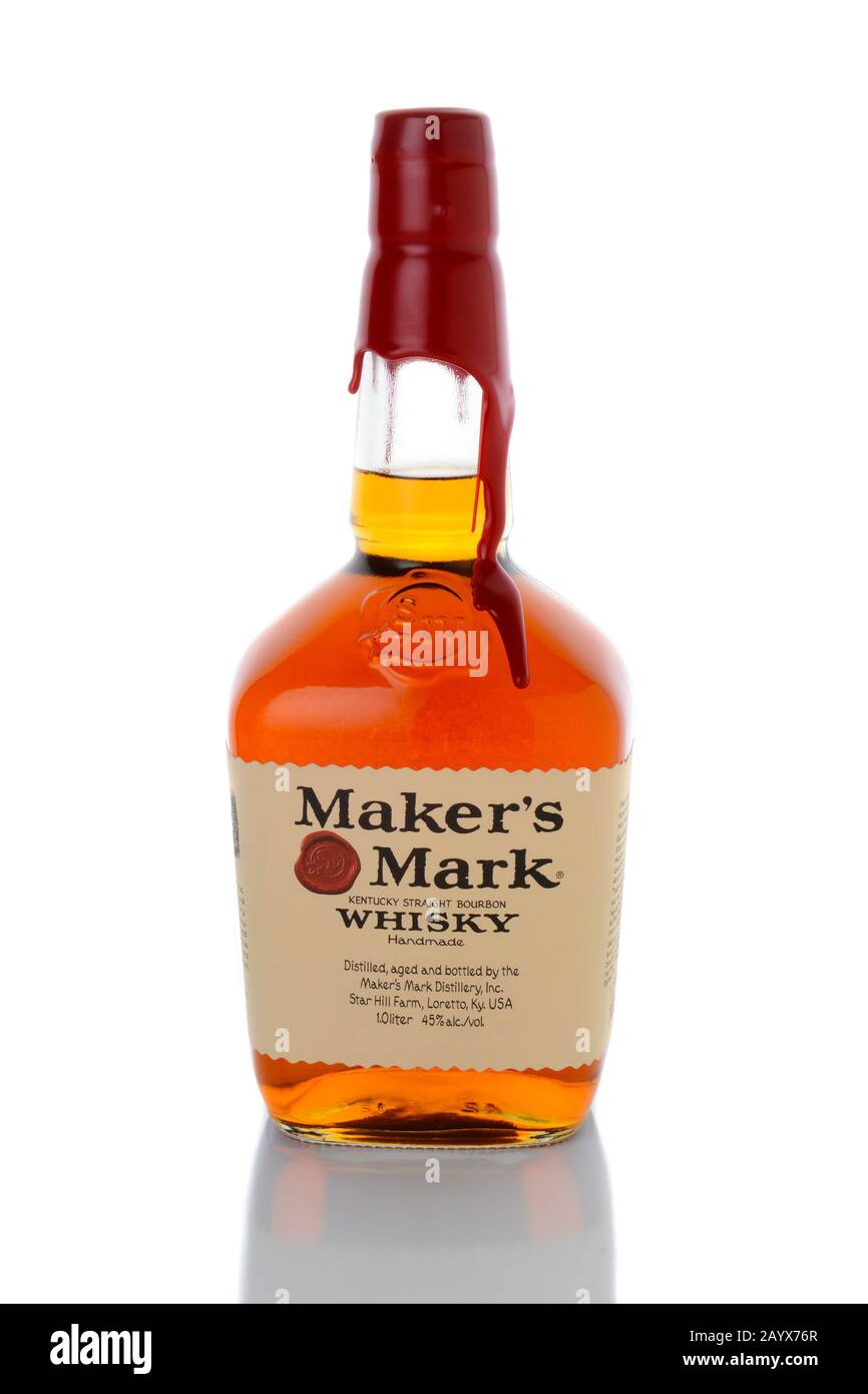 IRVINE, CA - JANUARY 15, 2015: A bottle of Maker's Mark Whiskey. The first bottle of Maker's Mark was bottled in 1958 and featured the brand's distinc Stock Photo