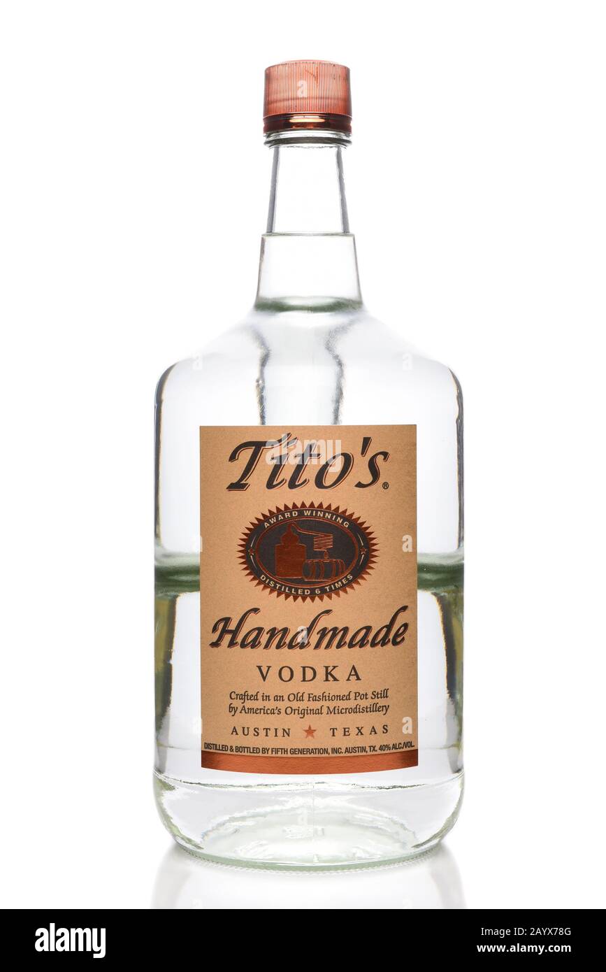 IRVINE, CALIFORNIA - JUNE 28, 2019: A 1.75 liter bottle of Titos Handmade Vodka, crafted in an Old Fashioned Pot Still in Austin, Texas. Stock Photo