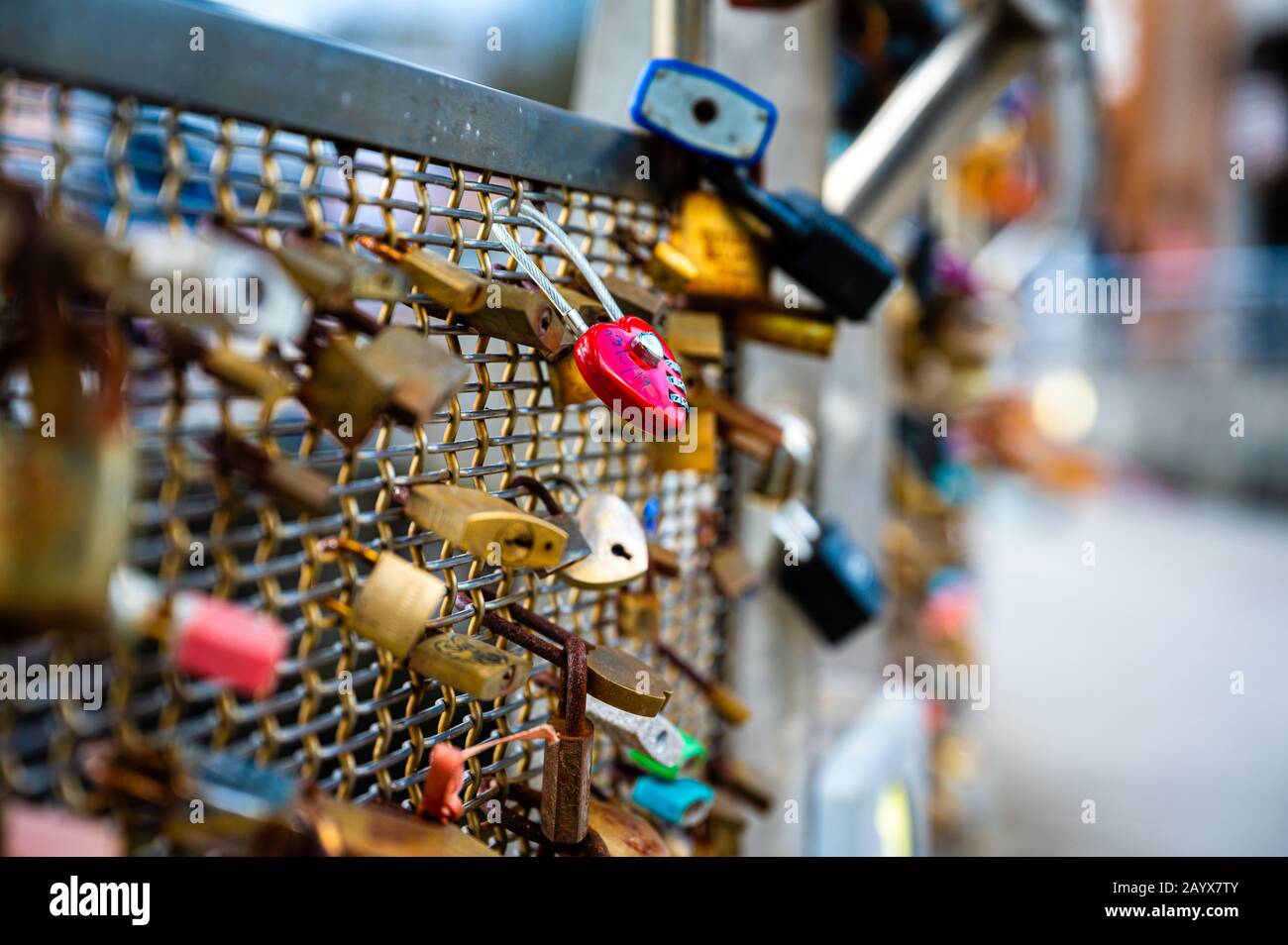 Love lock/love padlock on a Pero's Bridge in Bristol Harbour, England