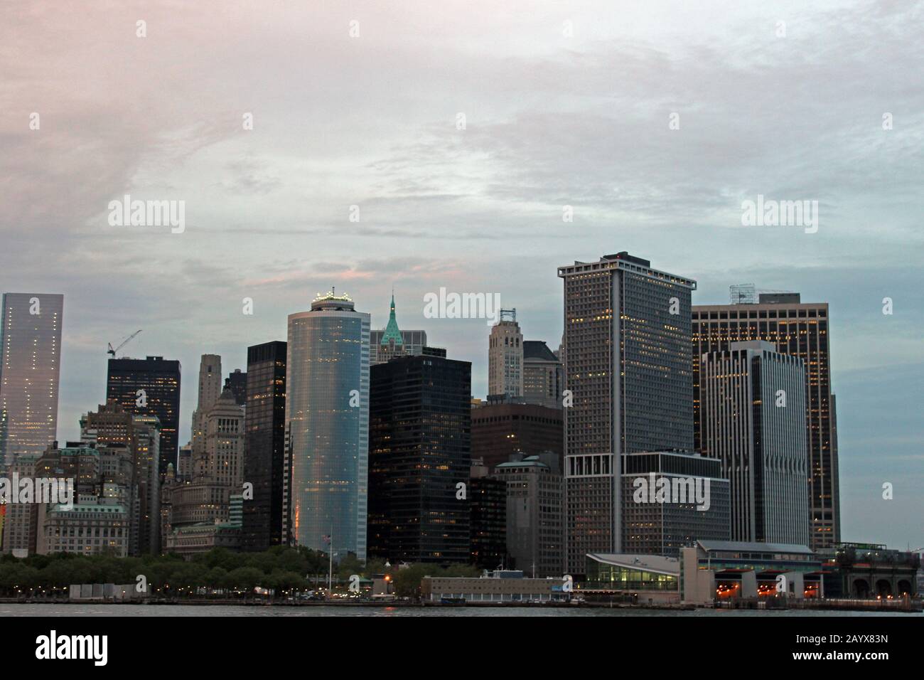 The partial view of Manhattan, inside the Staten island ferry! Stock Photo