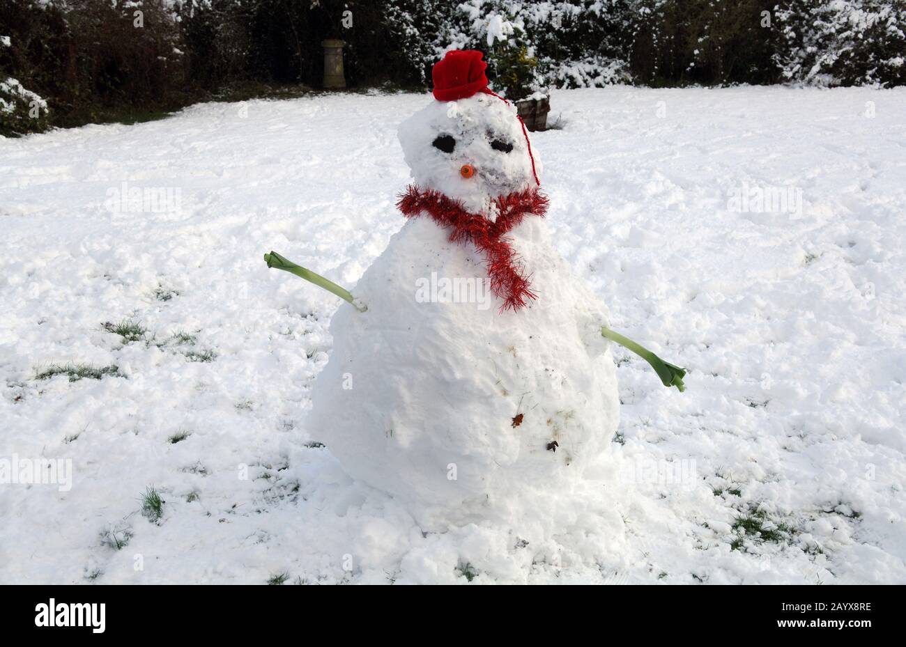 a snowman with a carrot nose and coal eyes Stock Photo