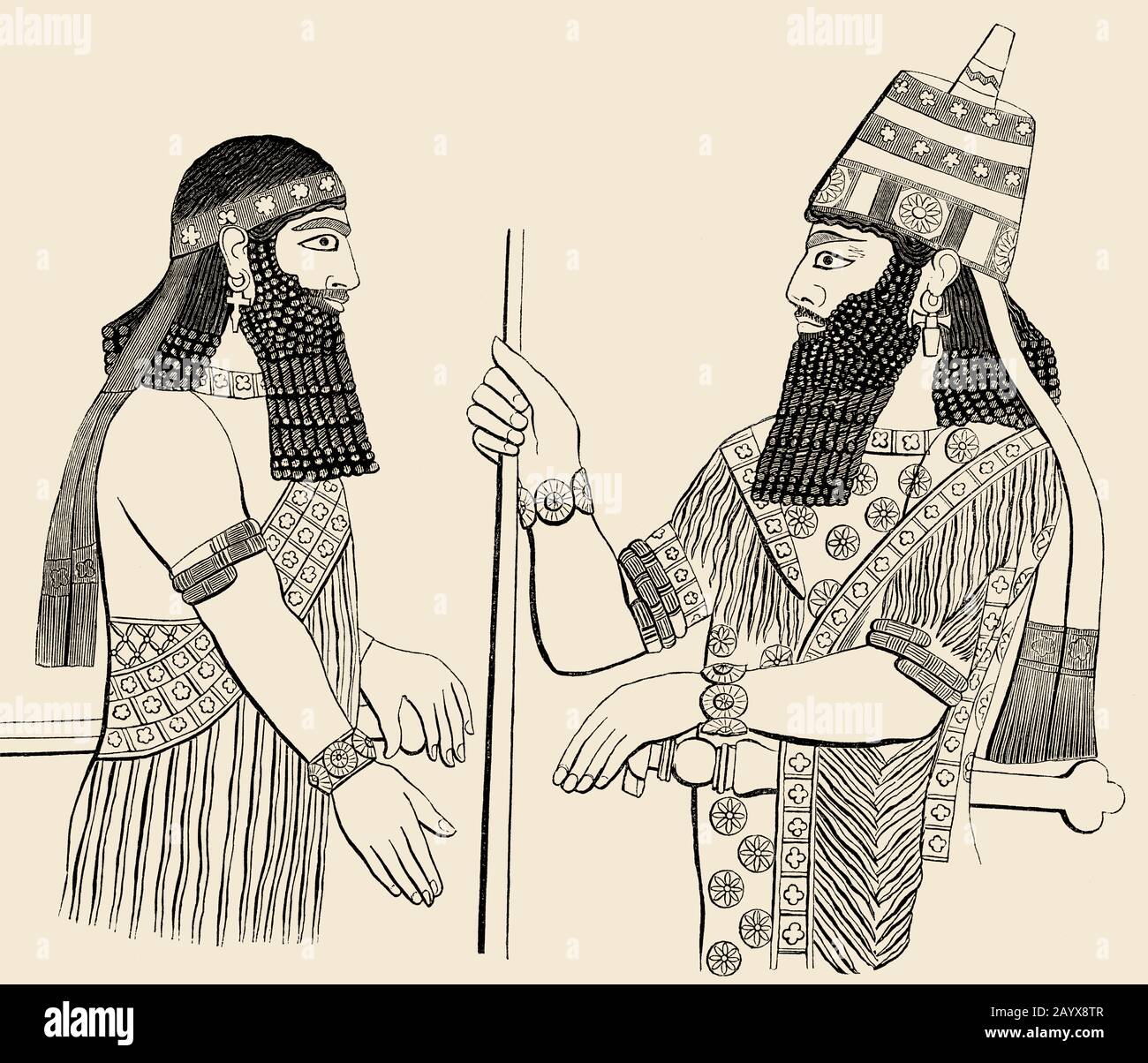 Sargon II (right) with his son Prince Sennacherib in a bas-relief of Dur-Sharrukin Stock Photo