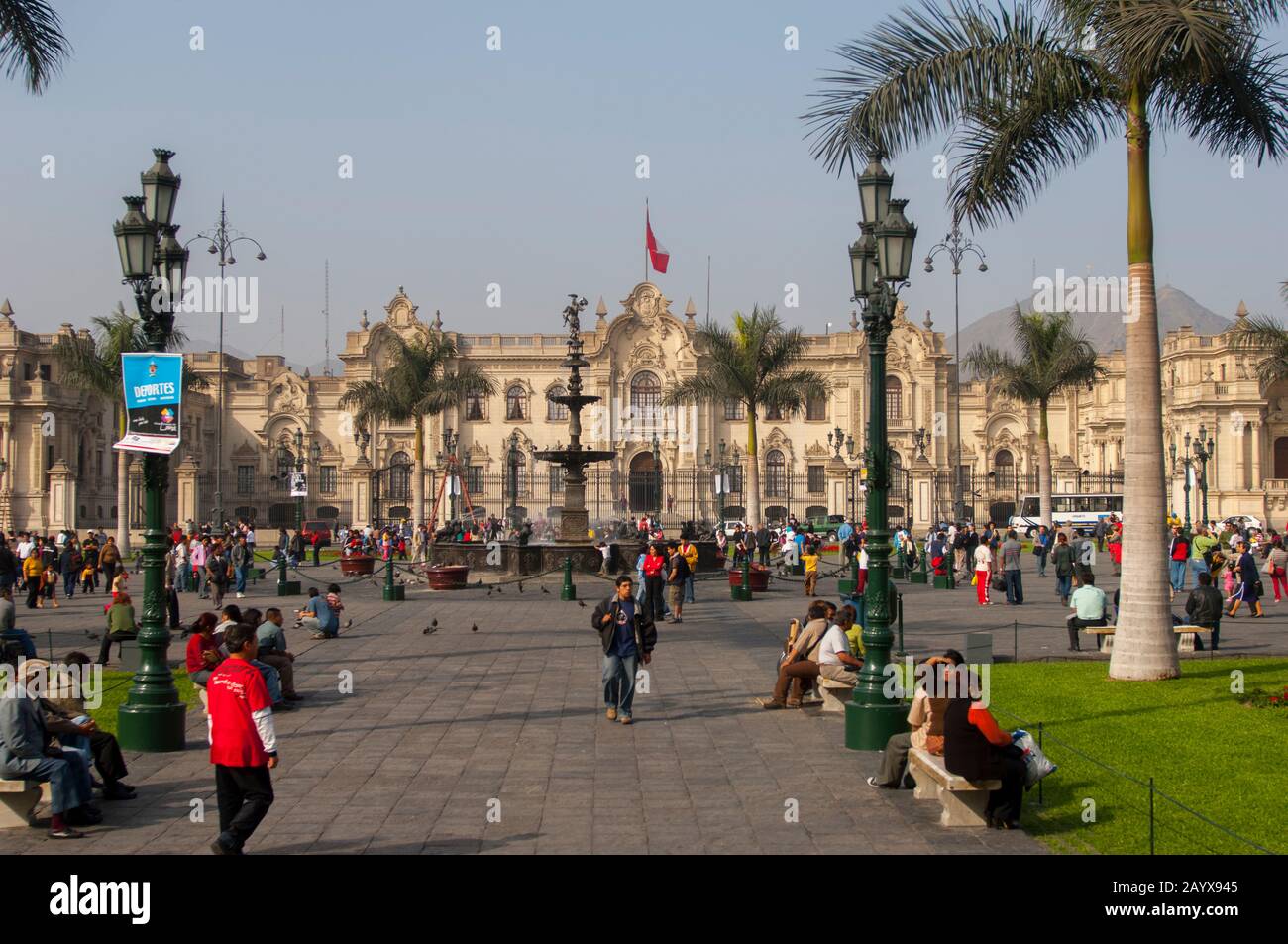 The Plaza Mayor or Plaza de Armas of Lima with the presidential palace ...
