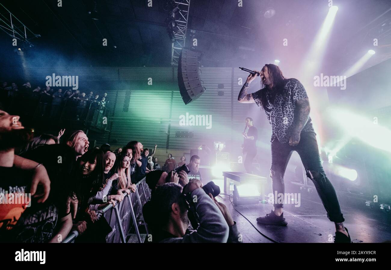 Copenhagen, Denmark. 16th Feb, 2020. The Australian deathcore band Thy Art  Is Murder performs a live concert at Amager Bio in Copenhagen. Here  vocalist Chris McMahon is seen live on stage. (Photo
