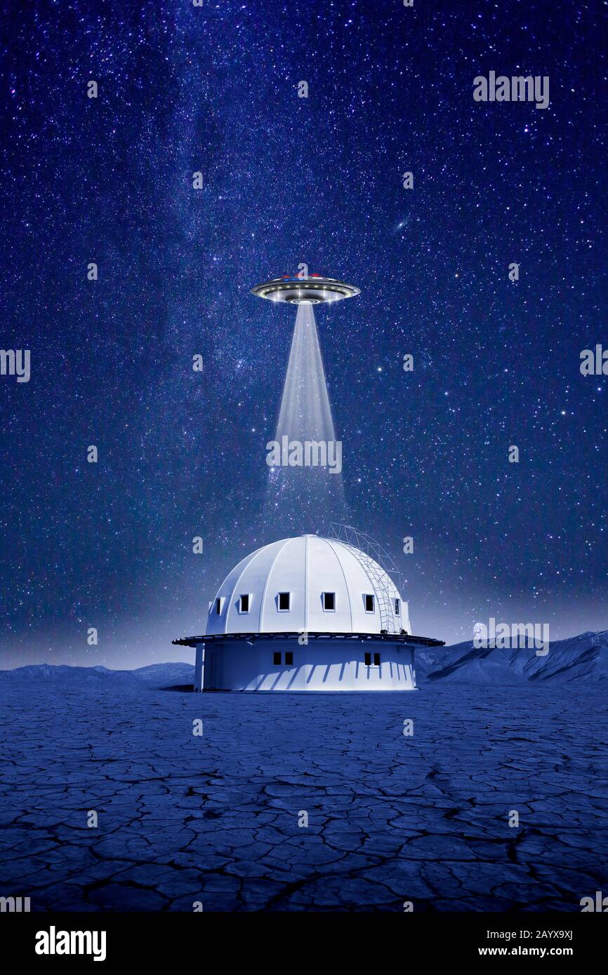 Composite image of a UFO hovering over the Integraton, a wooden dome building in Landers, CA popular with Ufologists. Stock Photo
