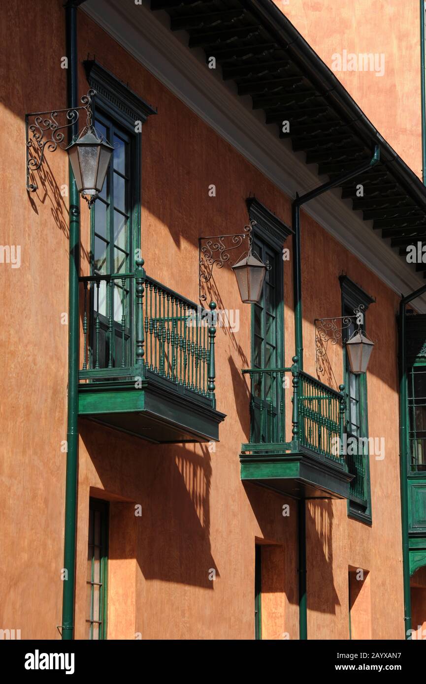 Detail of colonial architecture with balconies of Hotel de la Opera in La Candelaria, the old town of Bogota, Colombia. Stock Photo