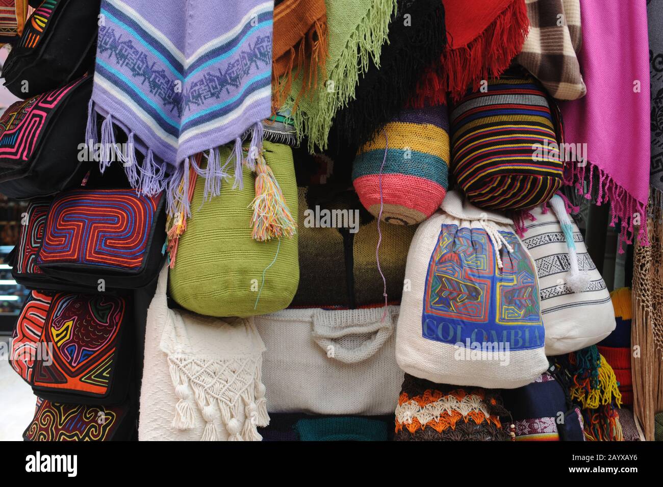 Colorful Colombian Mochila Bags in market near the Gold Museum in La  Candelaria, the old town of Bogota, Colombia Stock Photo - Alamy