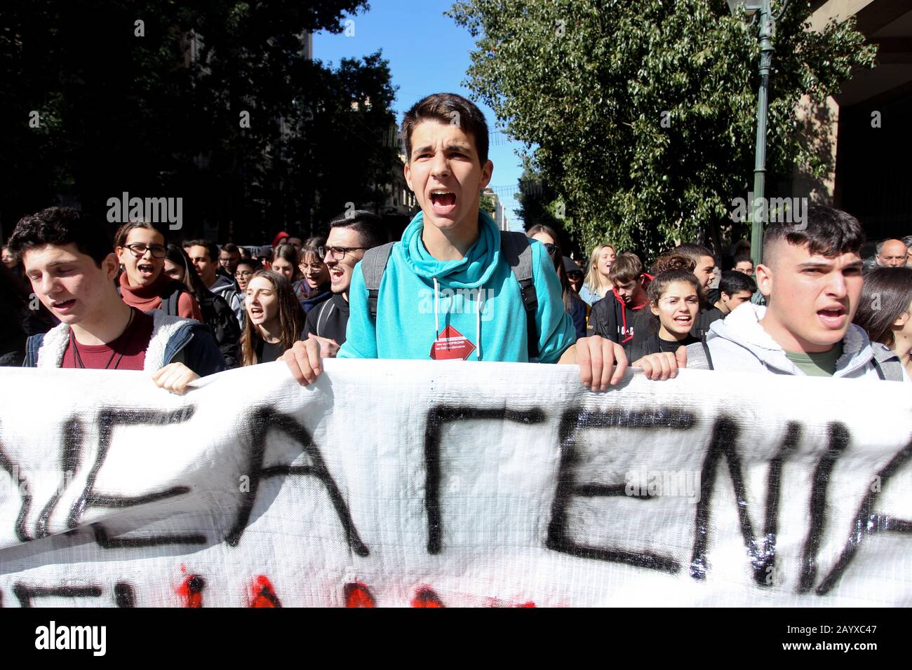 Greek high school students gather for a protest against the upcoming new education law from the Greek government Stock Photo