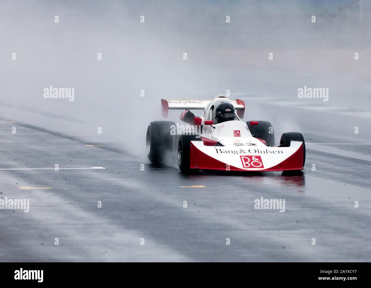 Mark Dwyer driving his 1978, March 742, in the wet, during the HSCC Historic Formula 2 Race ('67 - '78) at the 2019 Silverstone Classic Stock Photo