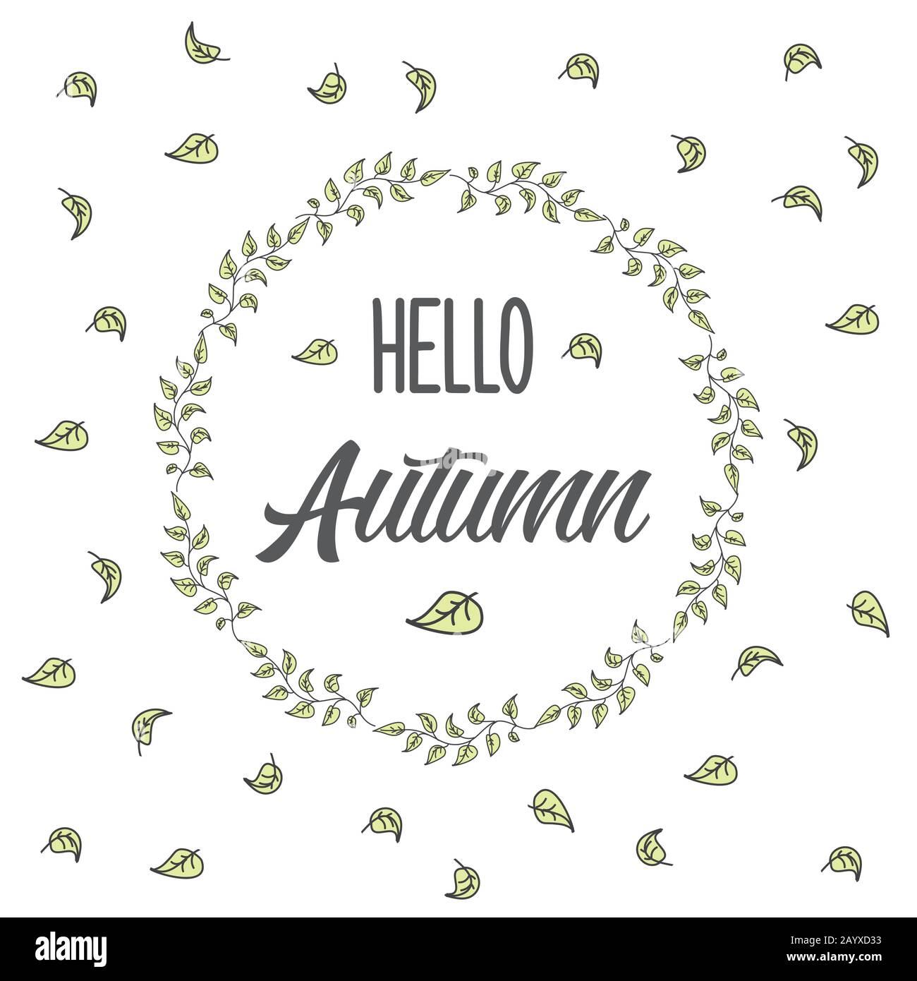 Cute background with flourish frame and leaves,lettering- hello autumn ...
