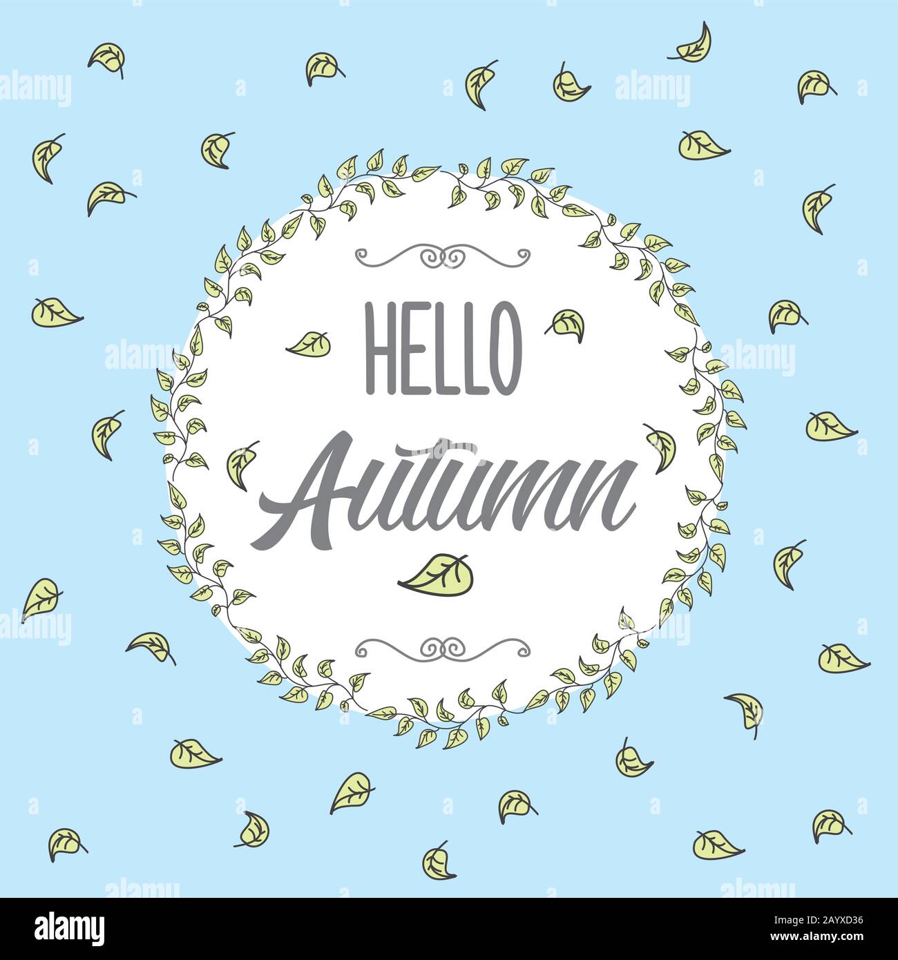 Cute background with flourish frame and leaves,lettering- hello autumn ...