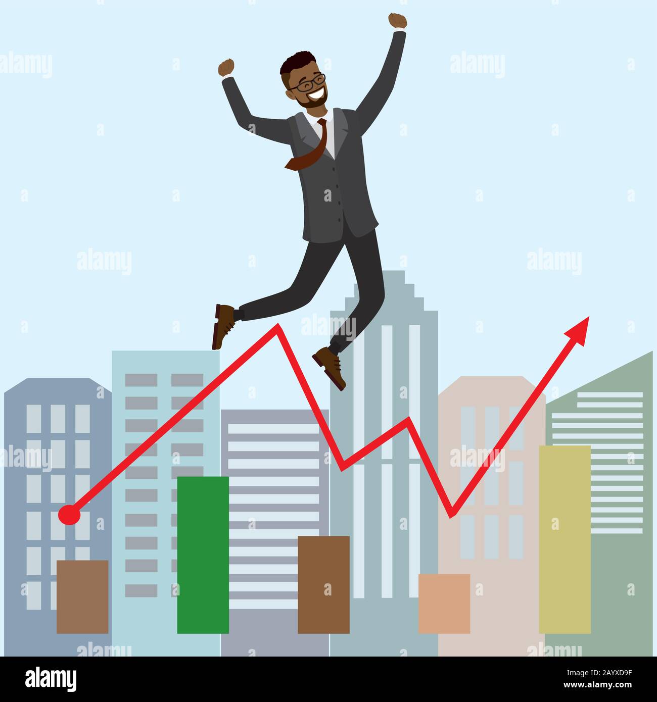 Cartoon Successful businessman jumping for joy.Joyful man and growing graph. Vector illustration. Modern design of urban landscape with city buildings Stock Vector