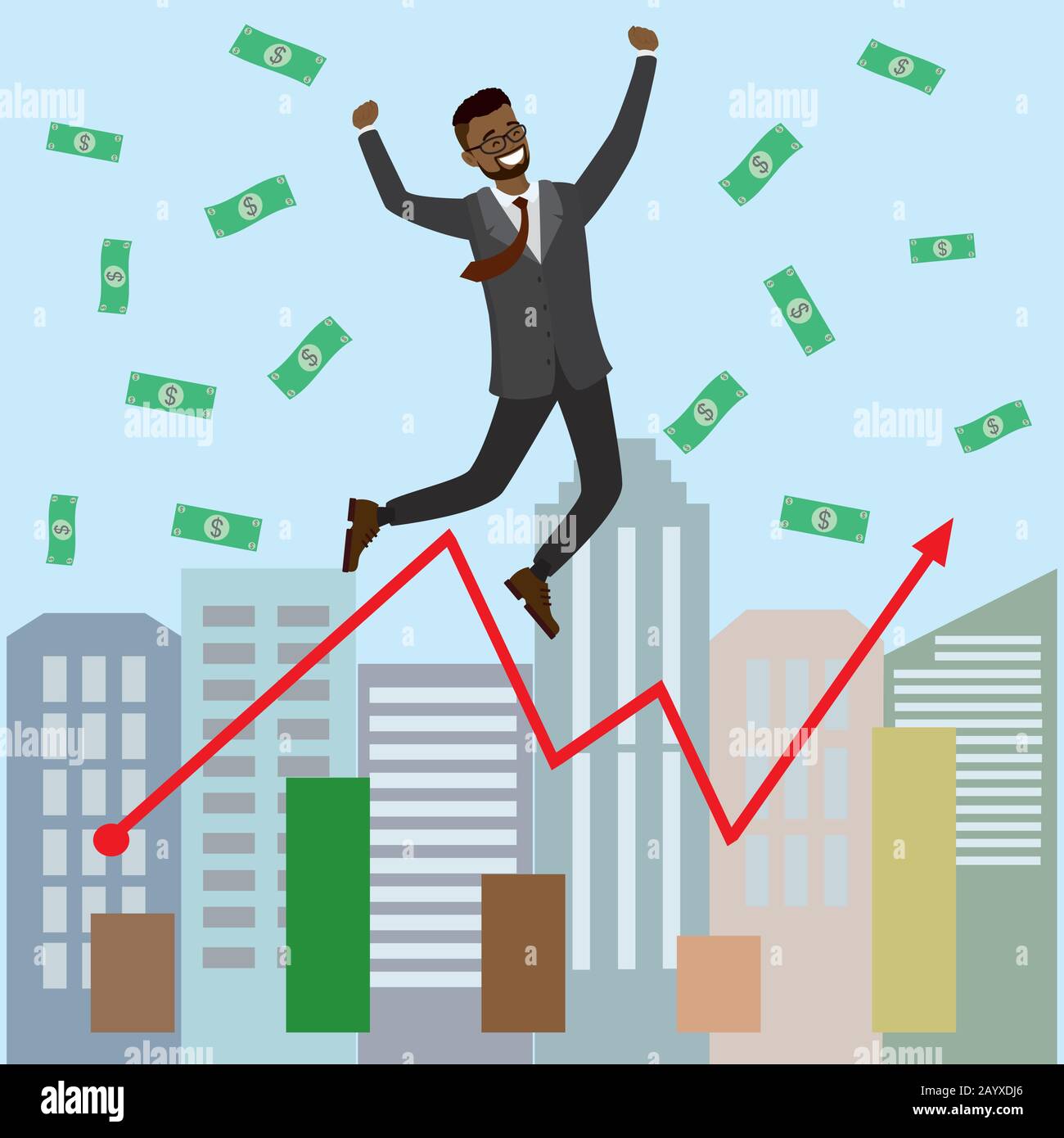 Cartoon Successful businessman jumping for joy.Joyful man with money and growing graph. Vector illustration. Modern design of urban landscape with cit Stock Vector