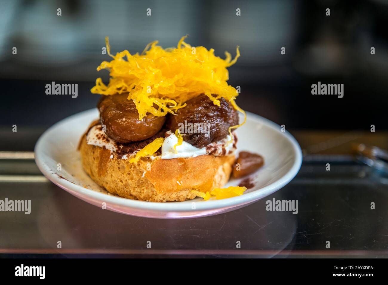 Typical tapa montadito appetizer served in a bar, Barcelona, Catalonia