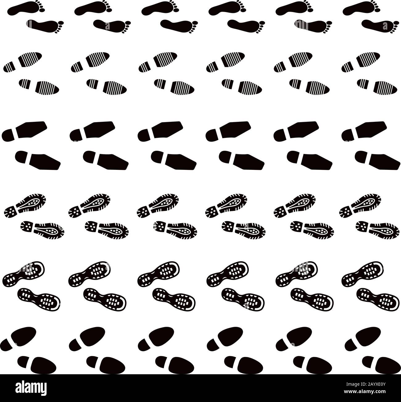 Shoes imprints, footprint and human step set. Print shoe sole and print of boot and foot human, step footprint trail or track. Vector illustrators brushes collection Stock Vector