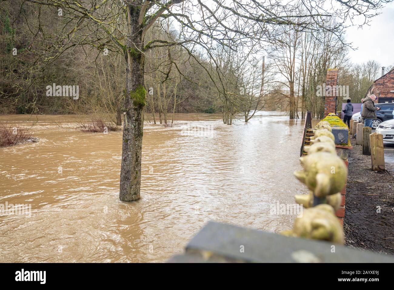 IRONBRIDGE, SHROPSHIRE, UNITED KINGDOM - FEBRUARY, 2020:River Severn flooding in Ironbridge after Storm Dennis sweeping United Kingdom Stock Photo