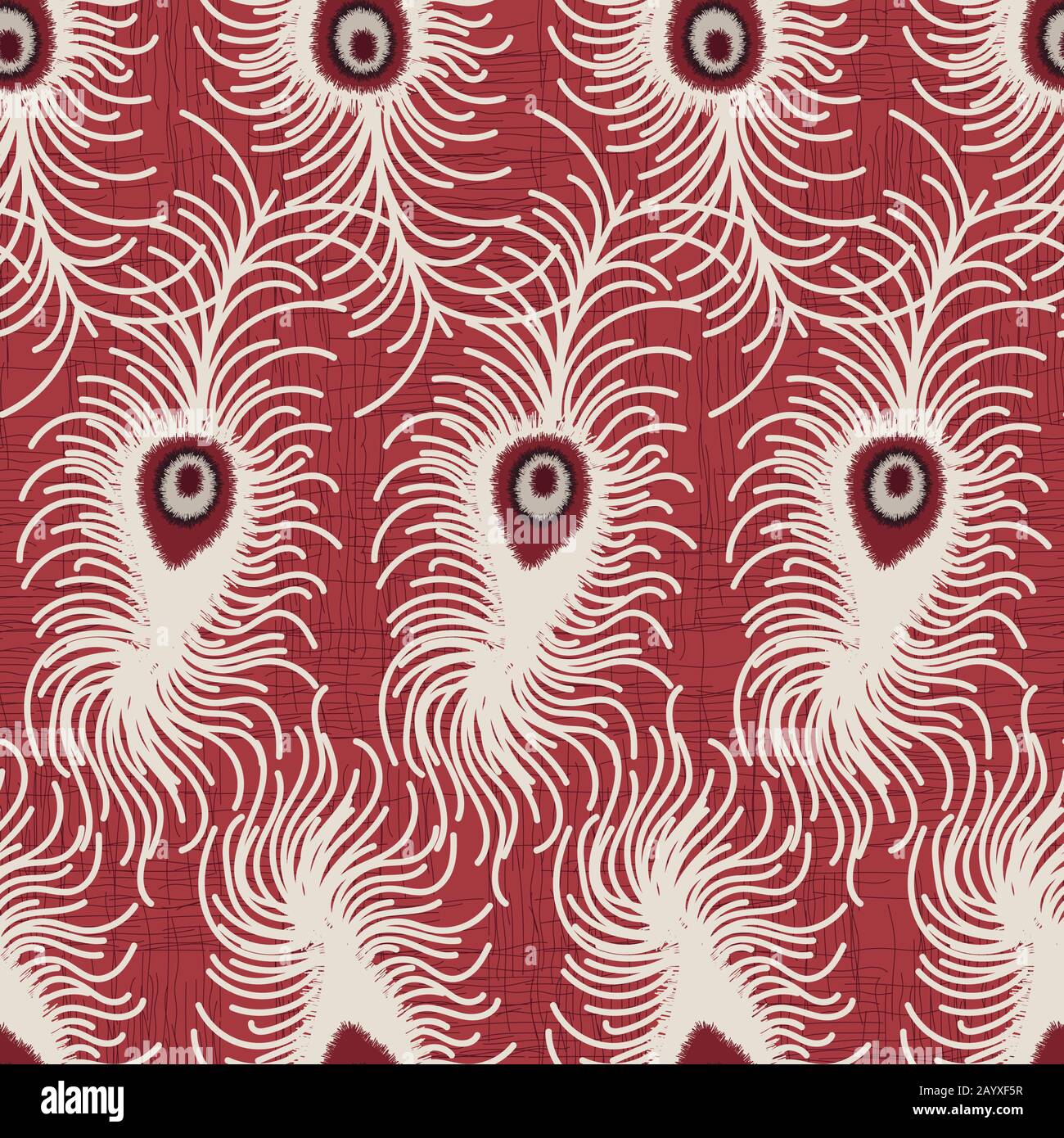 white peacock feathers on a textured red background seamless vector pattern Stock Vector