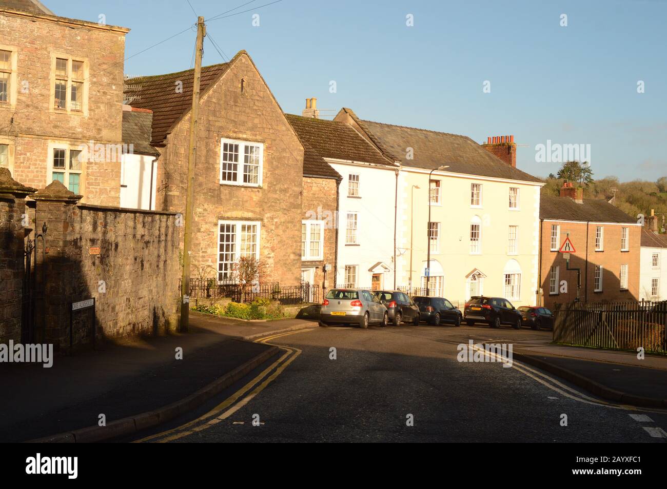 Entrance to Bridge Street in Chepstow, South Wales, past Powis Almshouses, close to Chepstow Castle and Museum Stock Photo