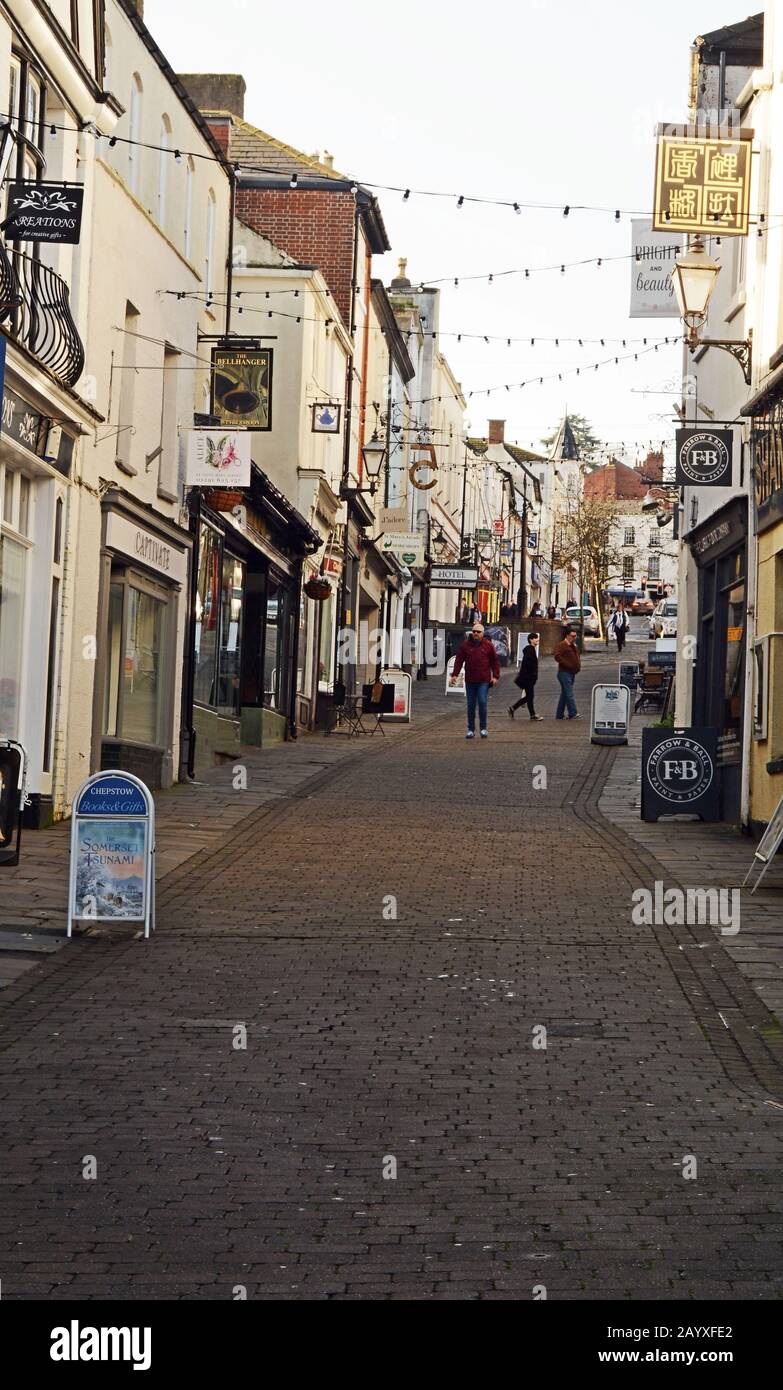 Chepstow. The cobbled St. Mary Street in the picturesque Welsh border town of Chepstow, Monmouthshire, looking from Upper Church Street. Stock Photo