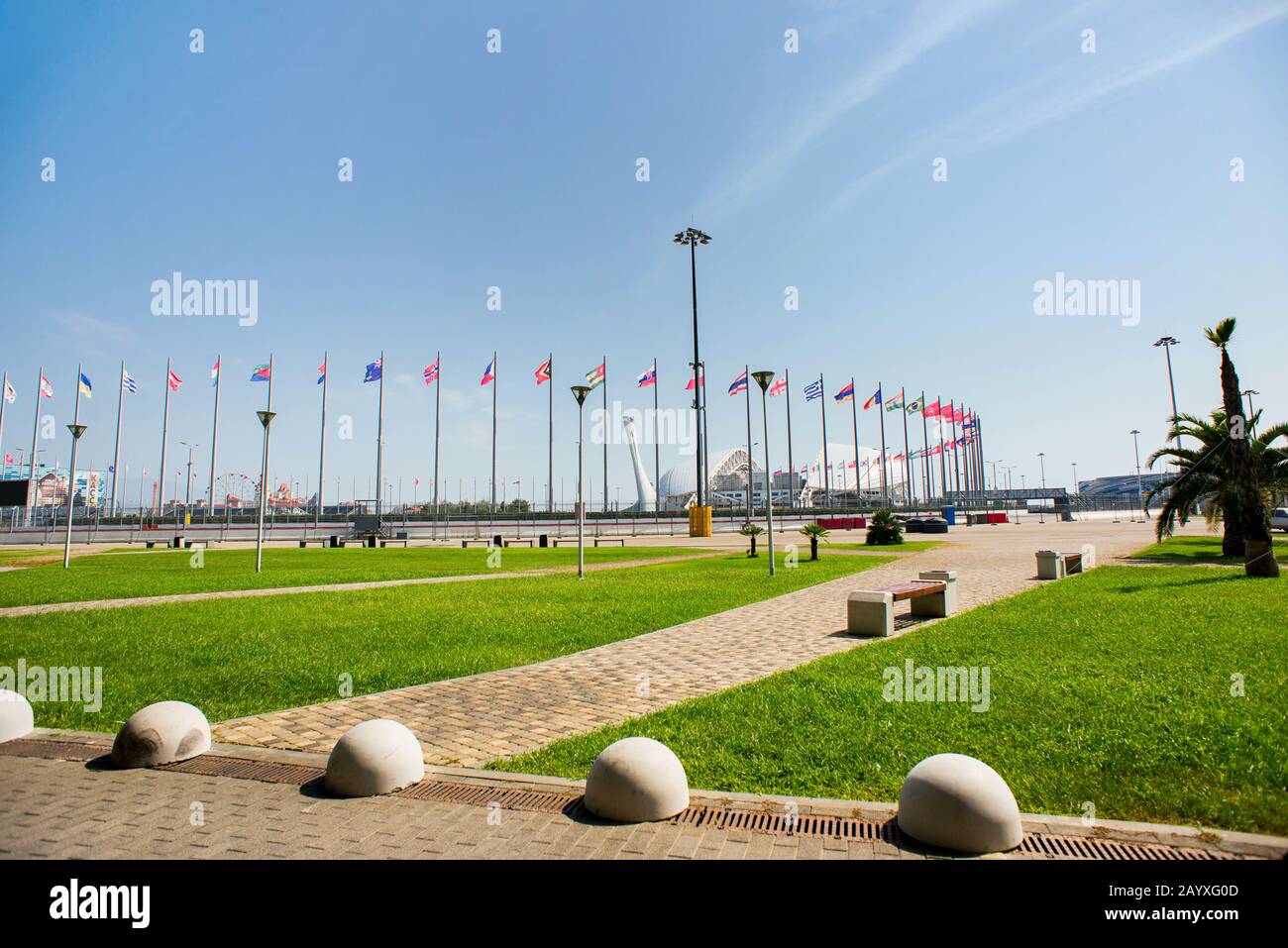 Adler, Sochi, Russia - September 6, 2018: Flags in Sochi Olympic Park. Stock Photo