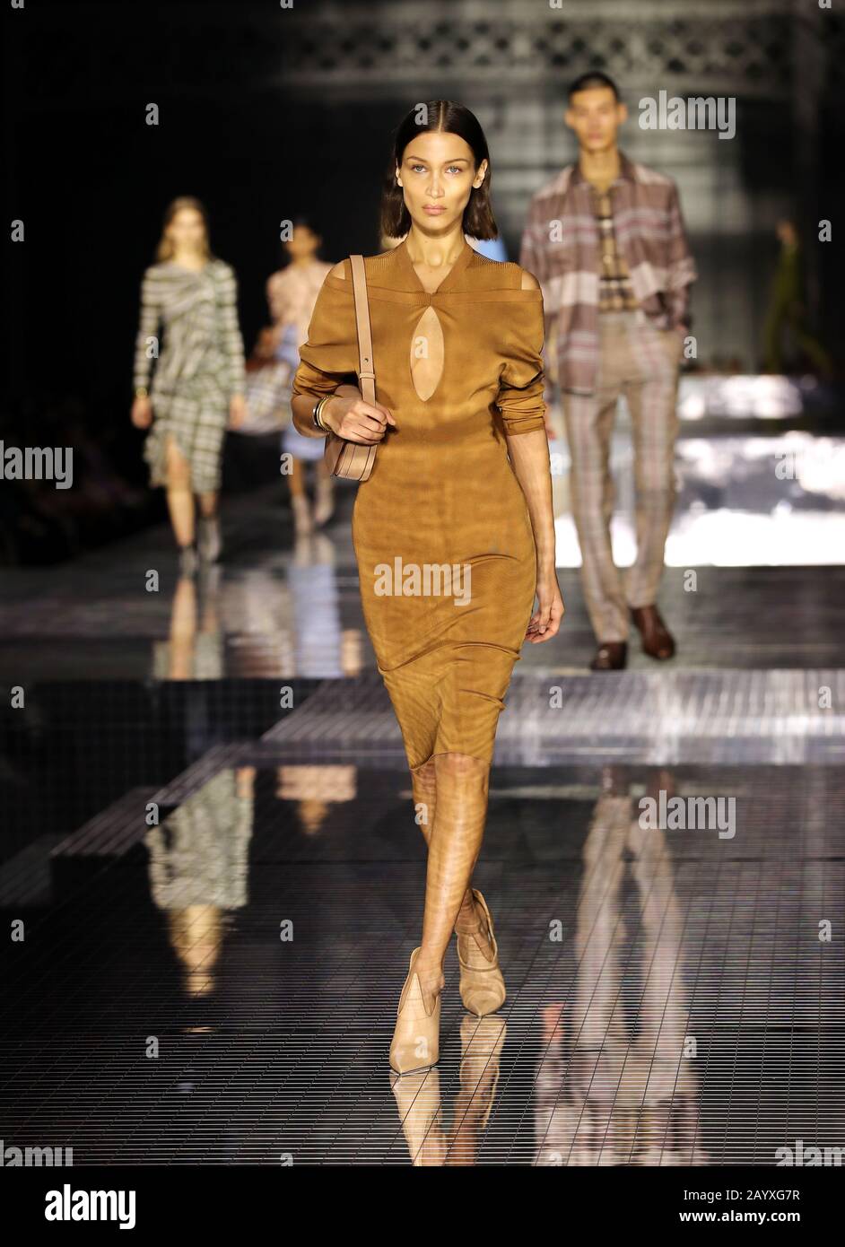 Bella Hadid during the Burberry show at London Fashion Week February 2020,  held at Olympia National, London Stock Photo - Alamy