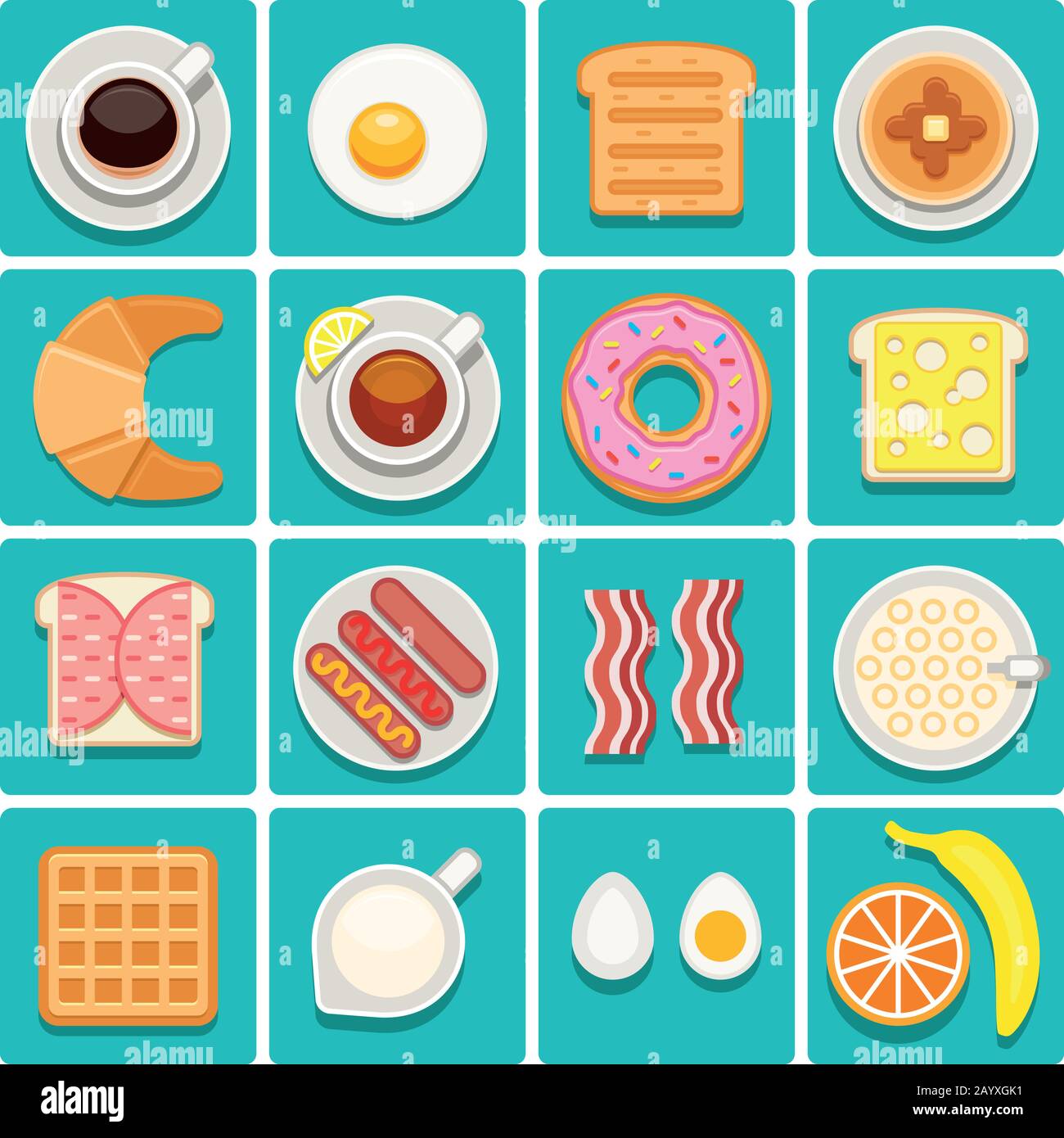 Breakfast food and drinks vector flat icons. Coffee of cup with sausage ...
