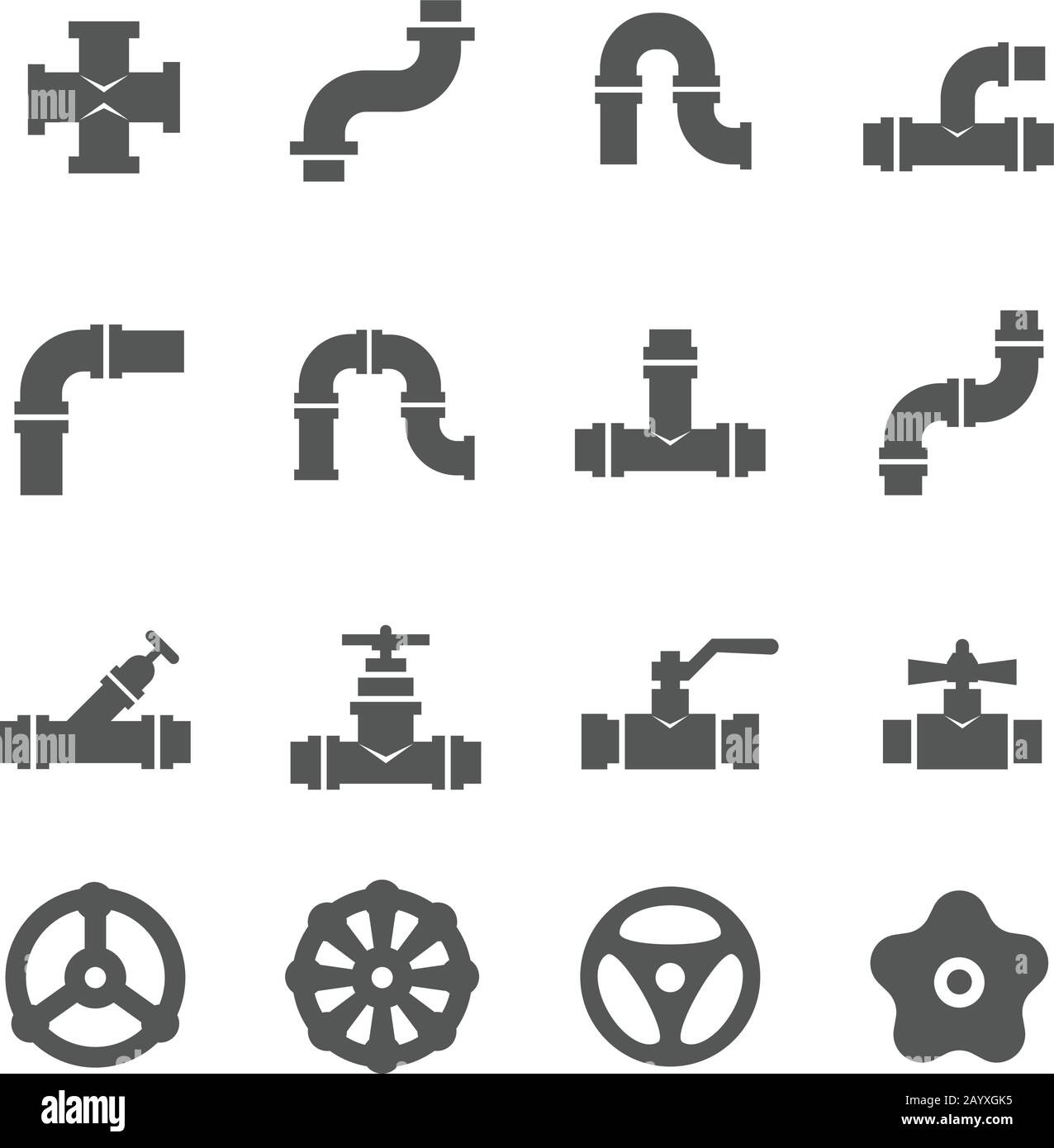 Valve, taps, pipe connectors, pipe details vector icons set. Set of pipe and tube with valve illustration Stock Vector