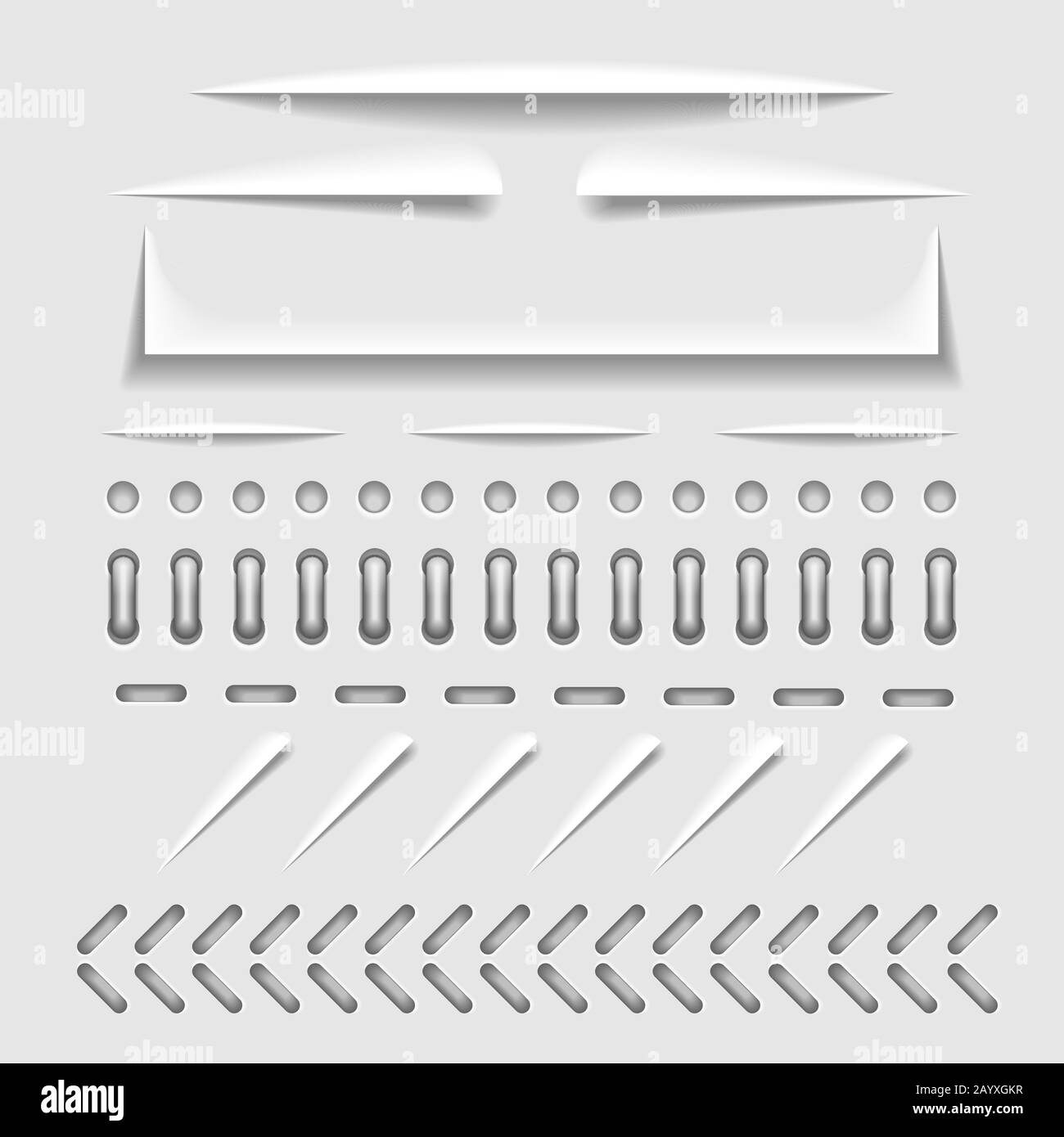 Paper cut, stitch and perforation web dividers with shadow effect vector template. Border stitch hole and binder collection stitch for paper cut illustration Stock Vector