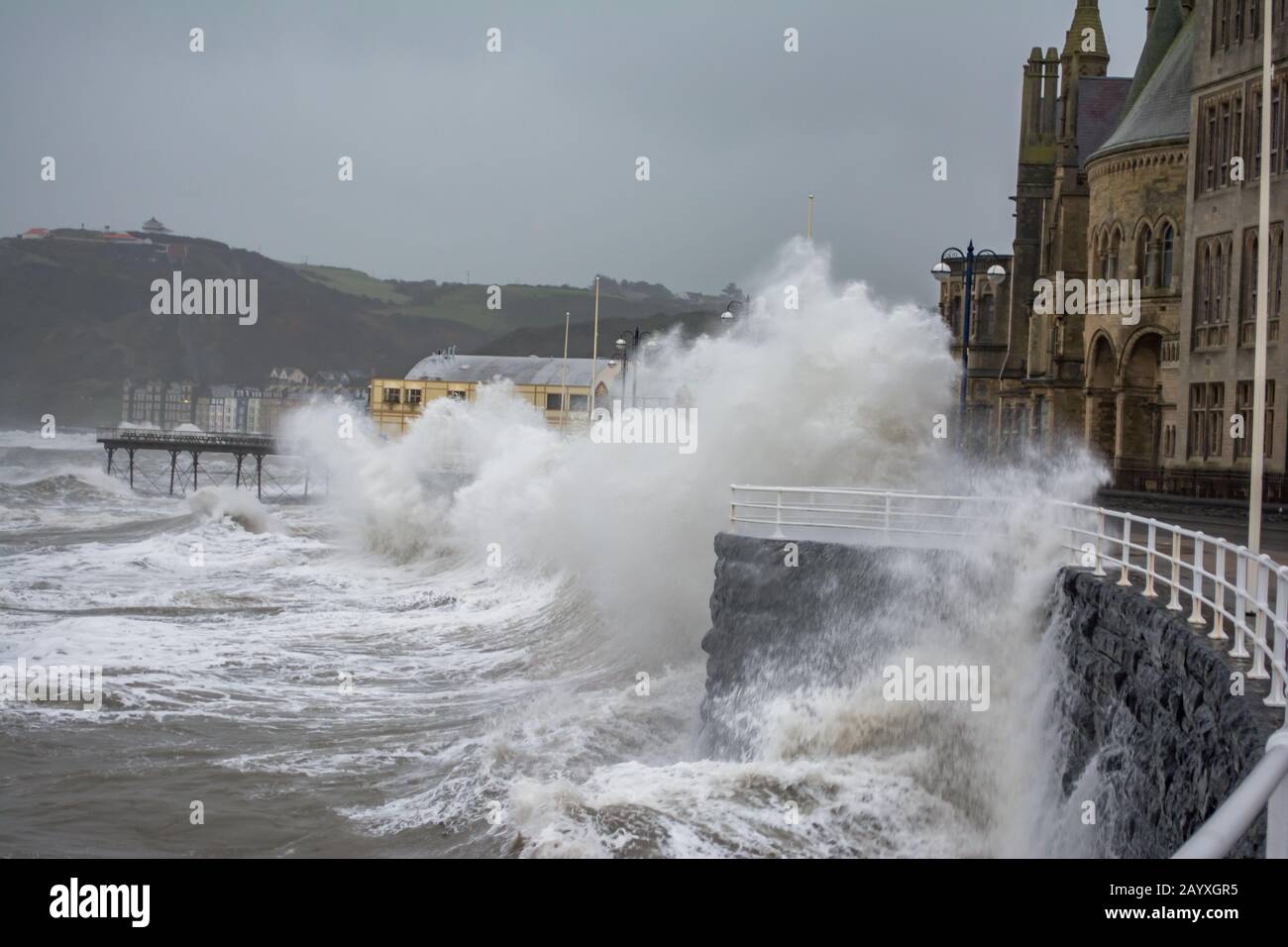 Storm Ciara batters Aberystwyth West Wales Stock Photo