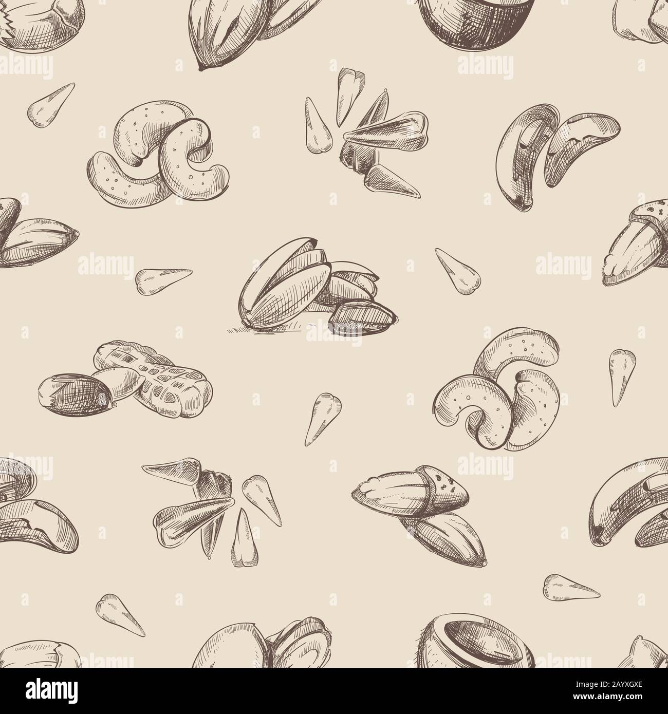 Nuts hand drawn doodles seamless pattern. Almond and pecan nut, endless ...