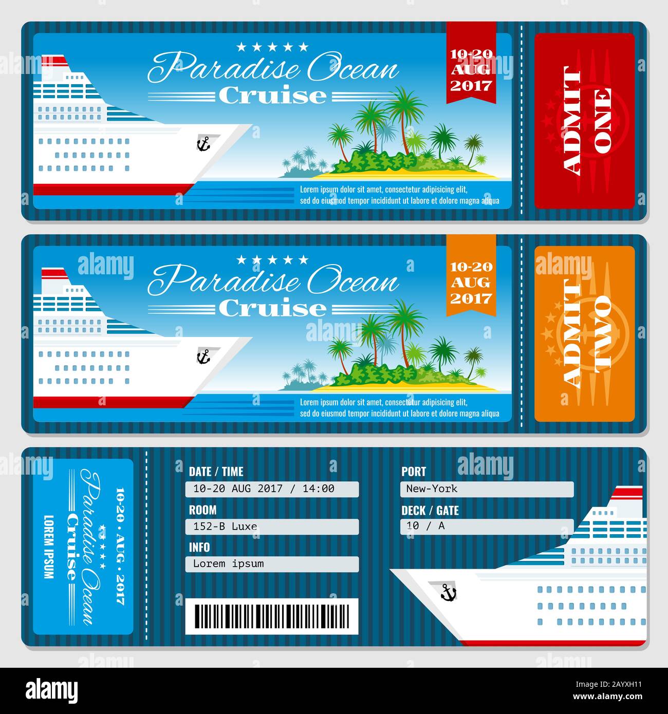 Cruise ship boarding pass ticket. Honeymoon wedding cruise invitation vector templates Stock Vector