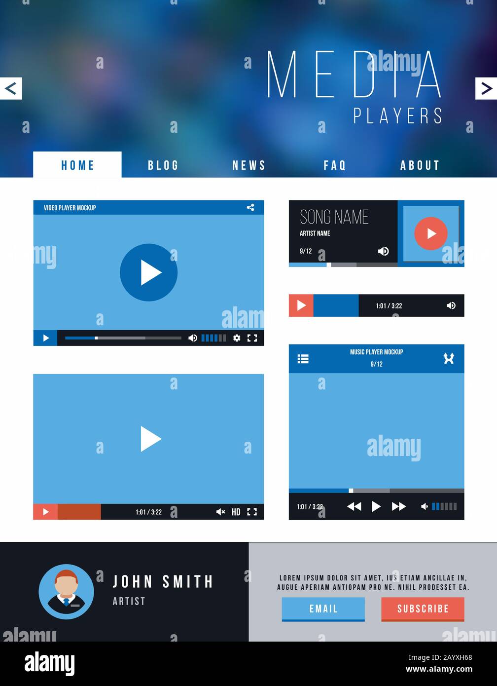 Vector browser web site page with video player ui interface and navigation. Template website with video player, illustration web page and player interface for video Stock Vector