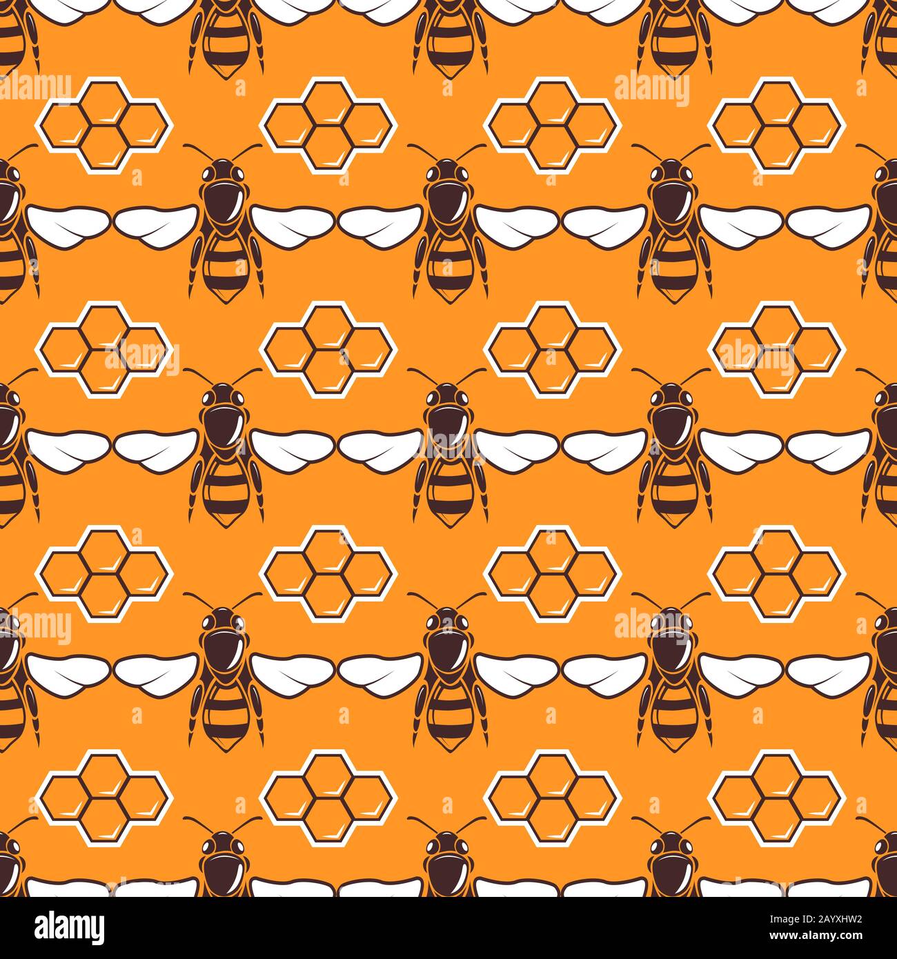 Bees, honey vector seamless pattern in brown and orange color, honeycomb illustration Stock Vector