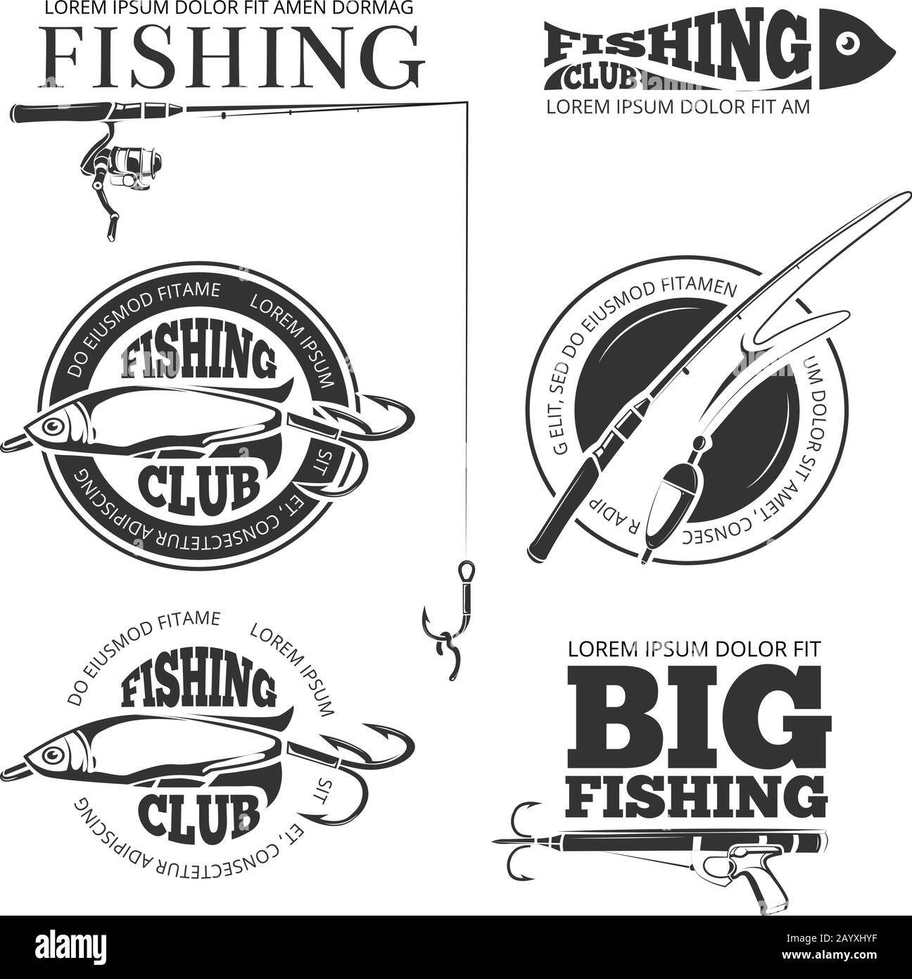 Vintage fishing vector labels, logos, emblems set. Hobby fishing logo and logotype fishing with spinning and float illustration Stock Vector