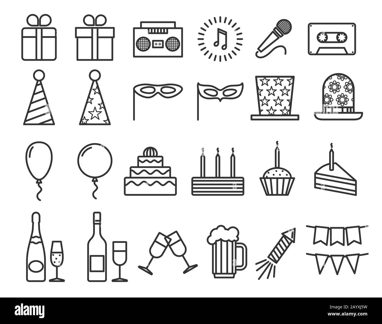 Party birthday holidays icons thin line vector outline icons set. Happy party with champagne and music, illustration carnival and party with drink and cake Stock Vector
