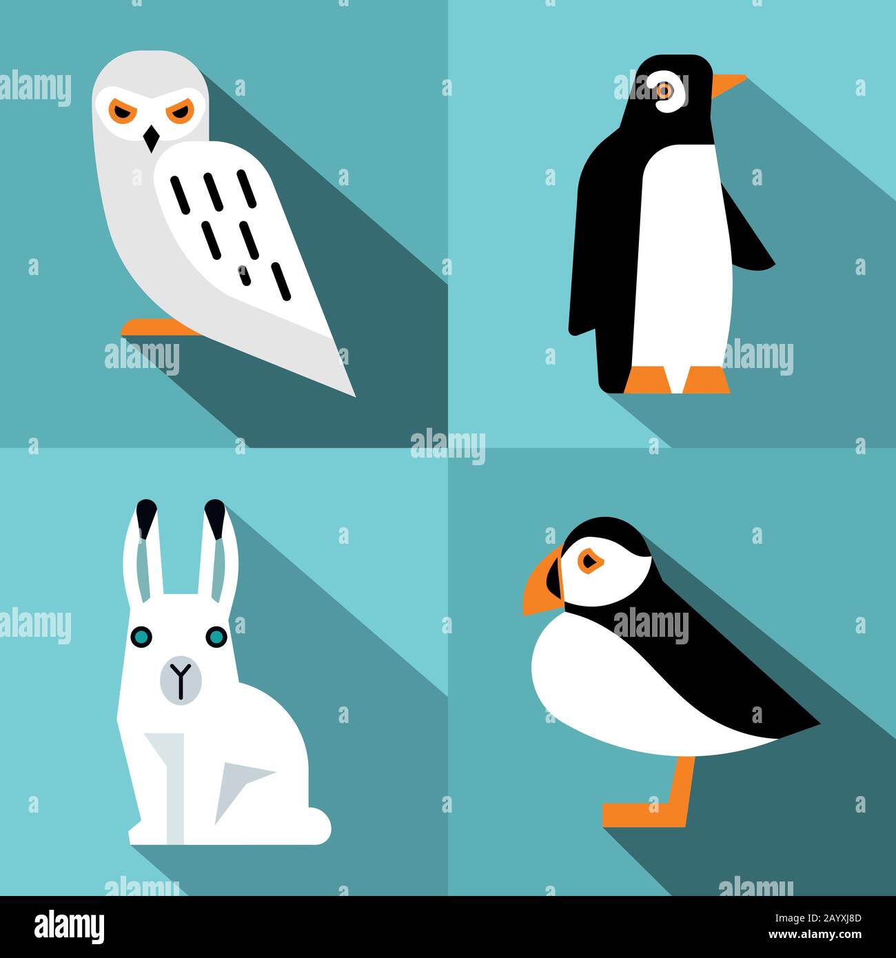 Polar animals in flat style with long shadow. Penguin and polar hare. Vector illustration Stock Vector