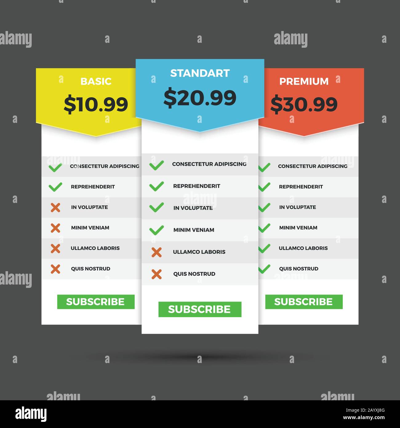 Pricing table for websites and applications vector template. Basic price, standart price and premium price table Stock Vector